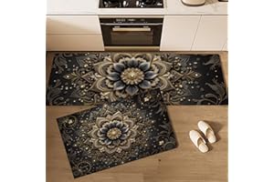 Intricate Mandala Patterns Kitchen Mats 2Pcs, Anti Fatigue Kitchens Rugs Set of 2,Luxurious Floral Prints Non Skid Comfort St