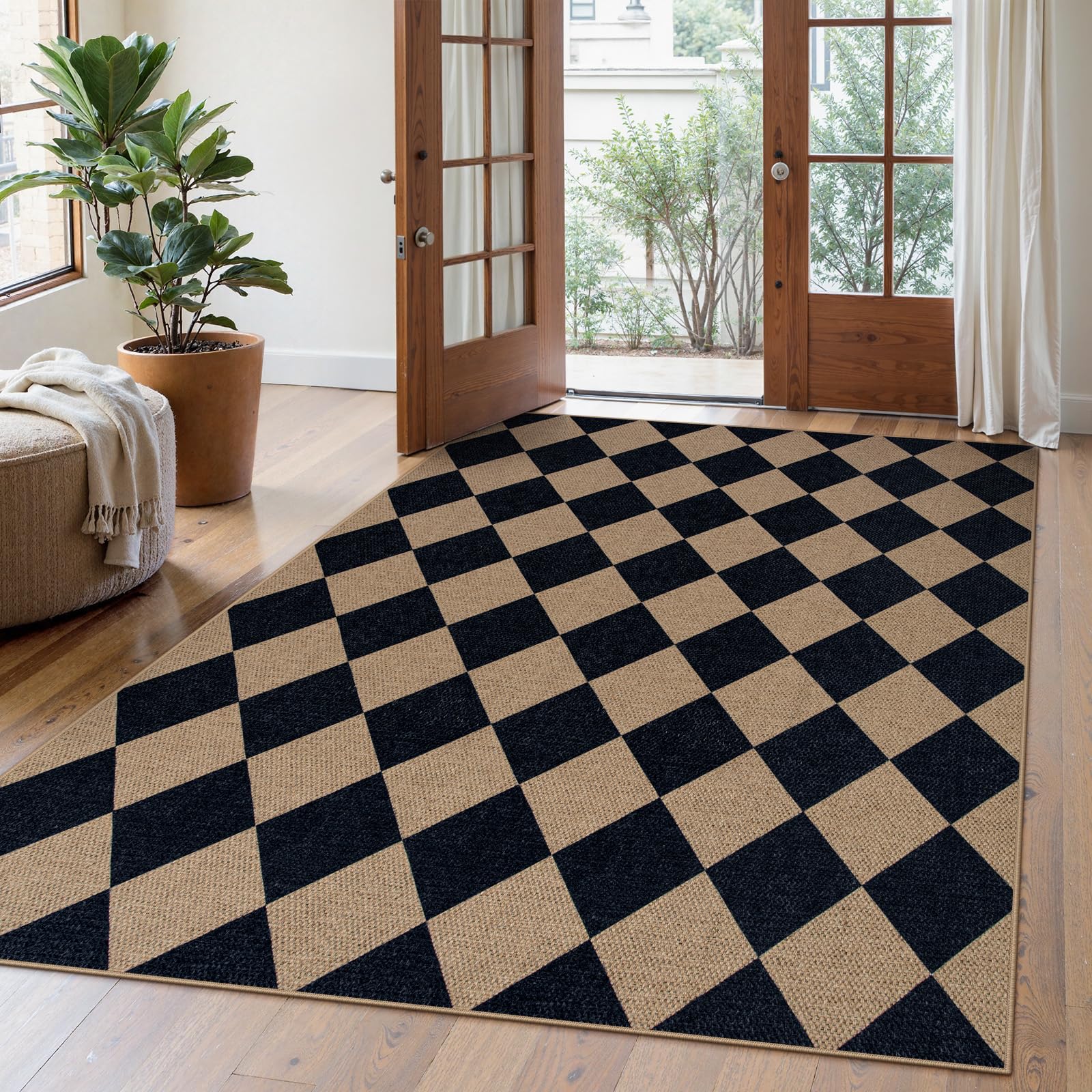 Photo 1 of Lahome Checkered Easy Jute Outdoor Rug, 5x7 Area Rugs for Living Room Nature Large Dining Room Carpet, Farmhouse Outdoor Patio Non Slip Diamond Carpet for Home Office Bedroom Backyard Deck
