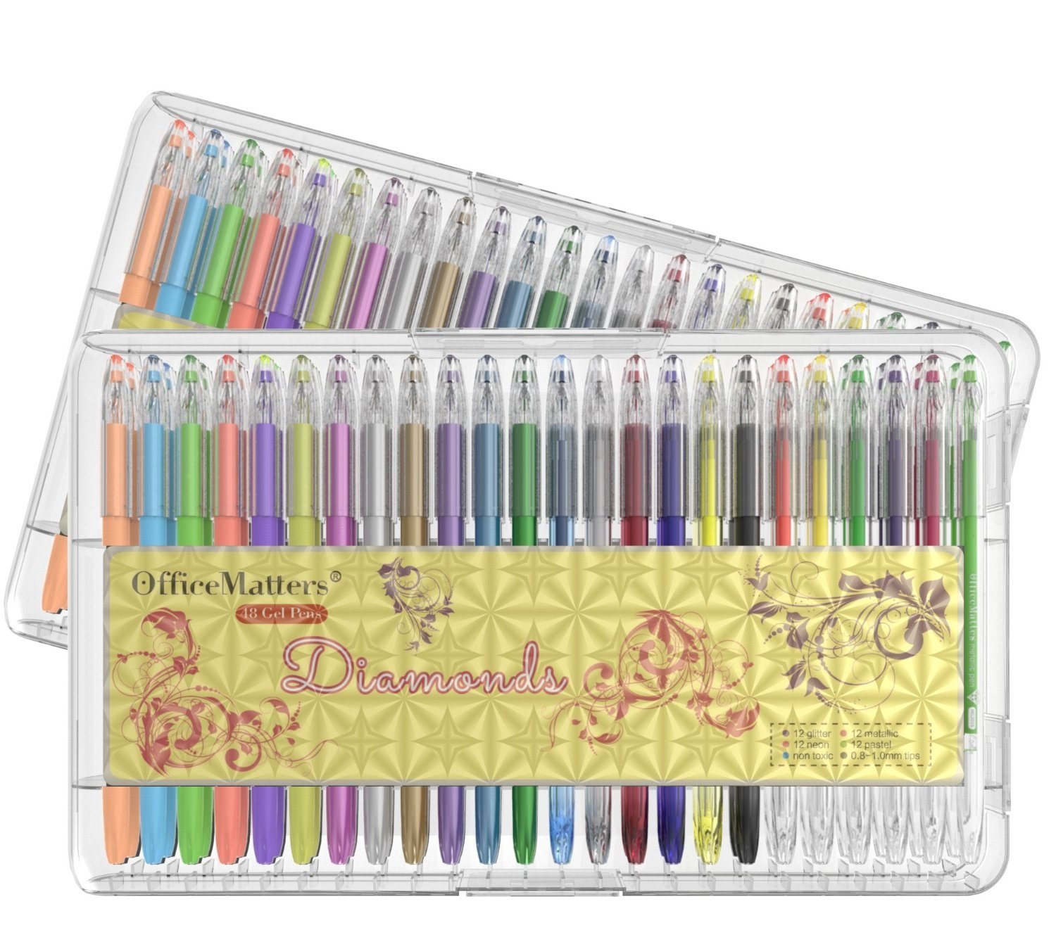 officematters Set 96 penne Gel con custodia 50% di inchiostro in pi¹ Perfette per Libri da Colorare 2 confezioni da 48 penne Glitter Neon