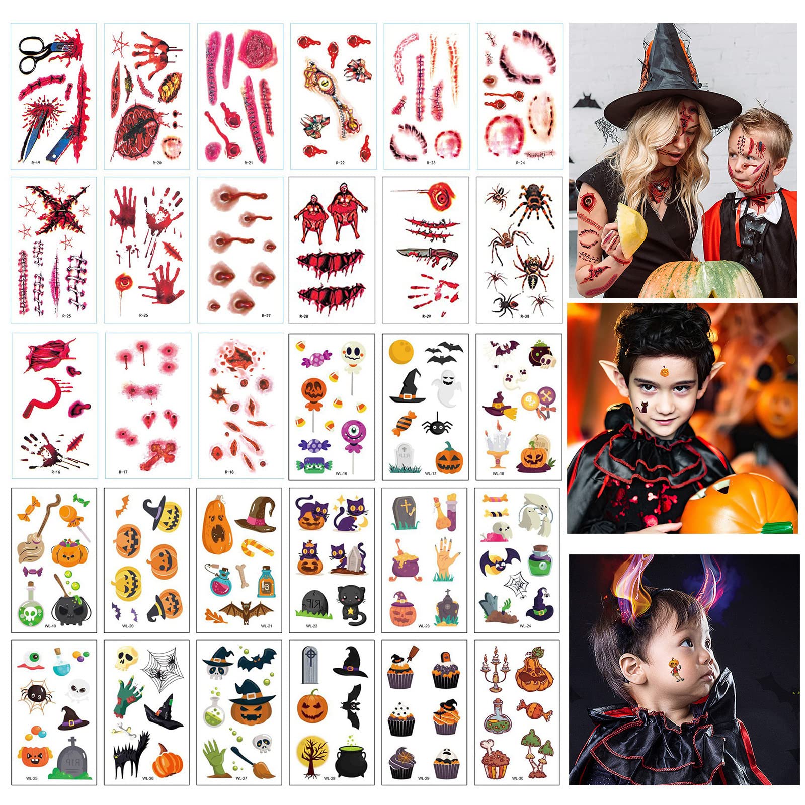JK Home 30 Sheets Halloween Tattoo Stickers, Halloween Temporary Tattoo Sticker with Scary Bloody Wound Pumpkin Spider Witch Cat Skull Pattern for Adults Kids Cosplay — image 1
