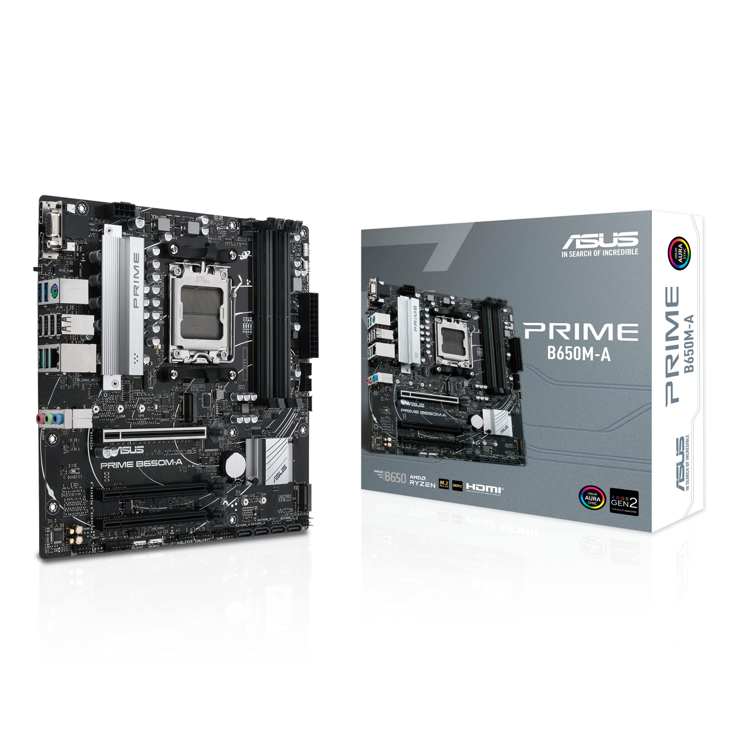 AMD B650 Micro-ATX motherboard, DDR5, PCIe 5.0 M.2 support, 2.5Gb Ethernet, DisplayPort, VGA, HDMI®, SATA 6 Gbps, USB 3.2 Gen 2 ports, front USB 3.2 Gen 1 Type-C®, BIOS FlashBack™, Arua Sync