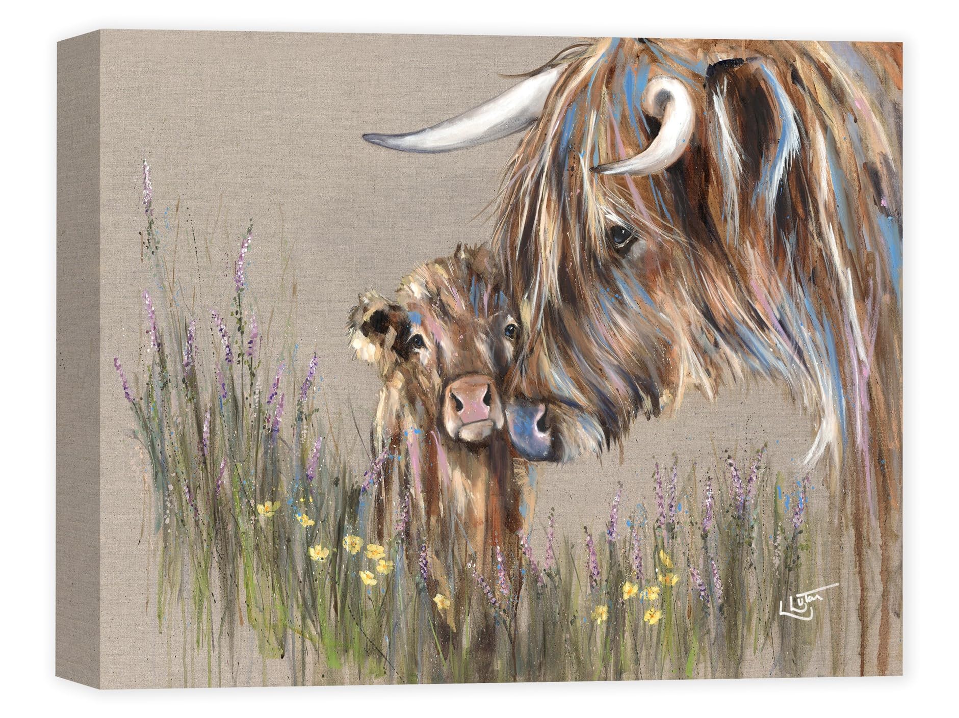 Artko Highland Cows Canvas Wall Art - 'Heather & Buttercup' by Louise Luton - Charming Animal Print - Ready to Hang Home Décor - 40cm x 30 cm