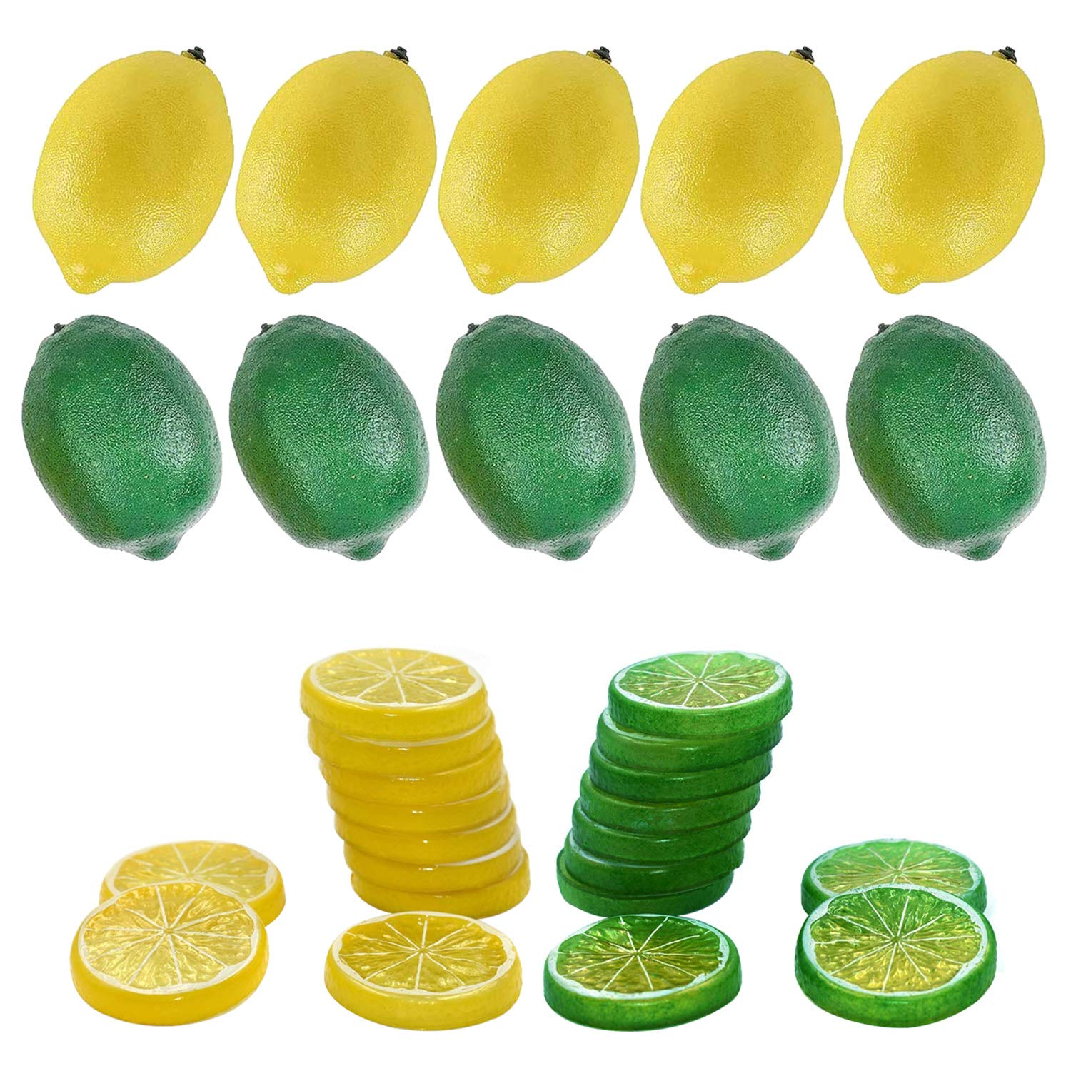 Woohome 30 PCS Artificial Lemons Fake Lemons Simulation Lemon Slices Artificial Fruit Set, 20 PCS Artificial Lemons and 10 PCS Plastic Lemon Slices for Decoration, Photo Props, Yellow&Green