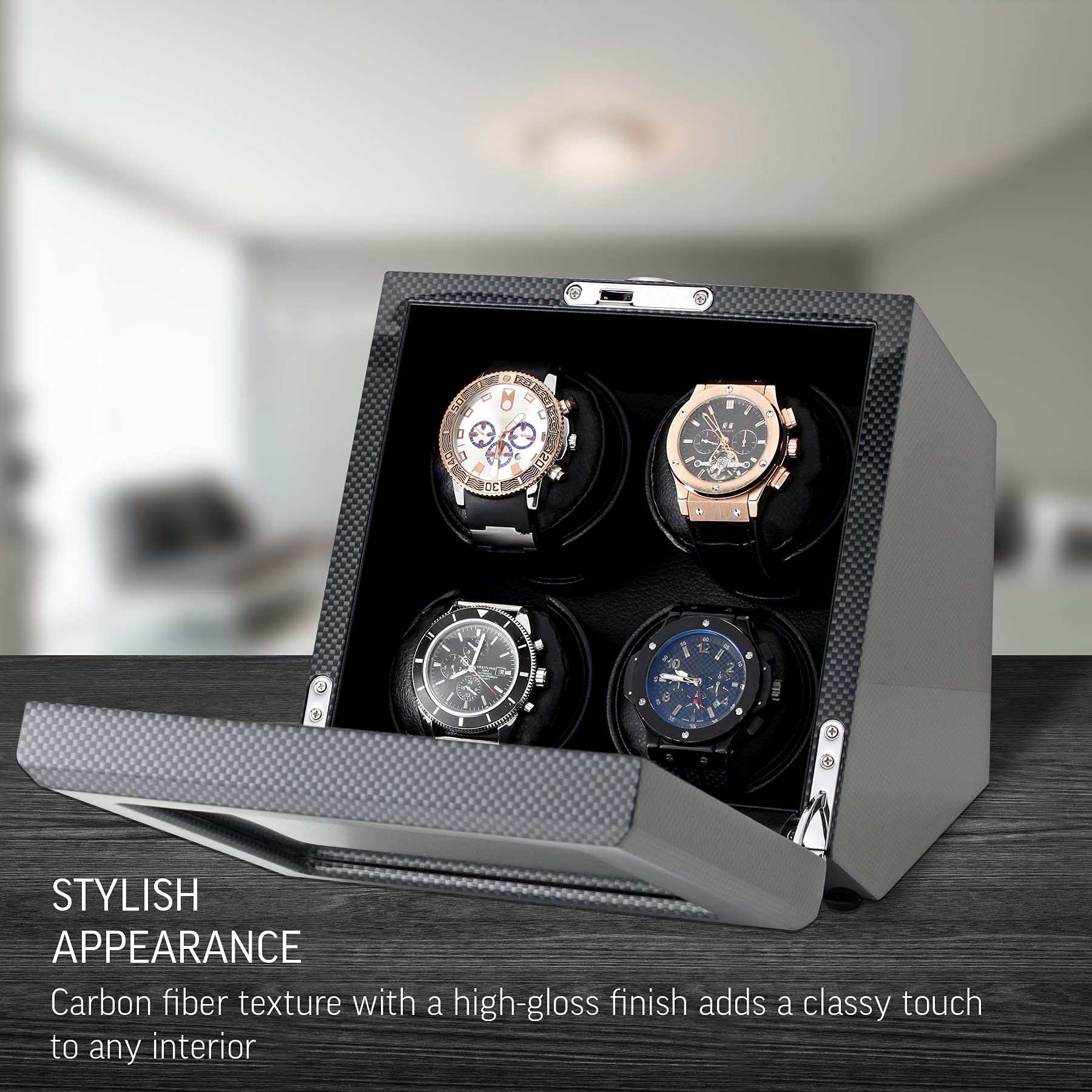 4 Watch Winder with Motor-Stop Option and Quiet Rotors (Carbon)