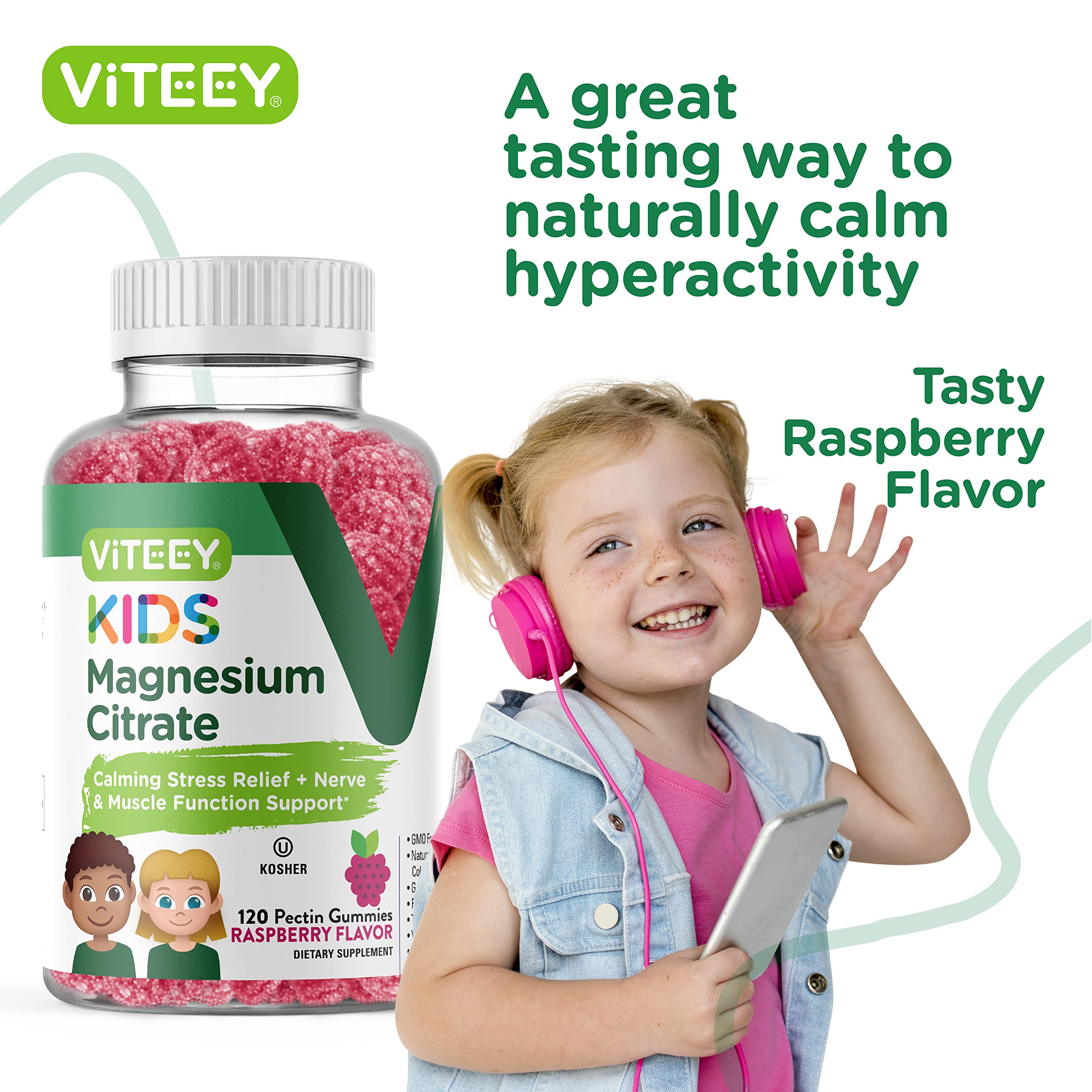 Viteey Kids Magnesium Citrate Gummies - Supports Sleep Aid, Calm Gummies, Muscle Relaxer, Optimal Relaxation - Vegetarian, Gelatin Free, Gluten Free, GMO Free - Tasty Chewable Raspberry Flavored Gummy