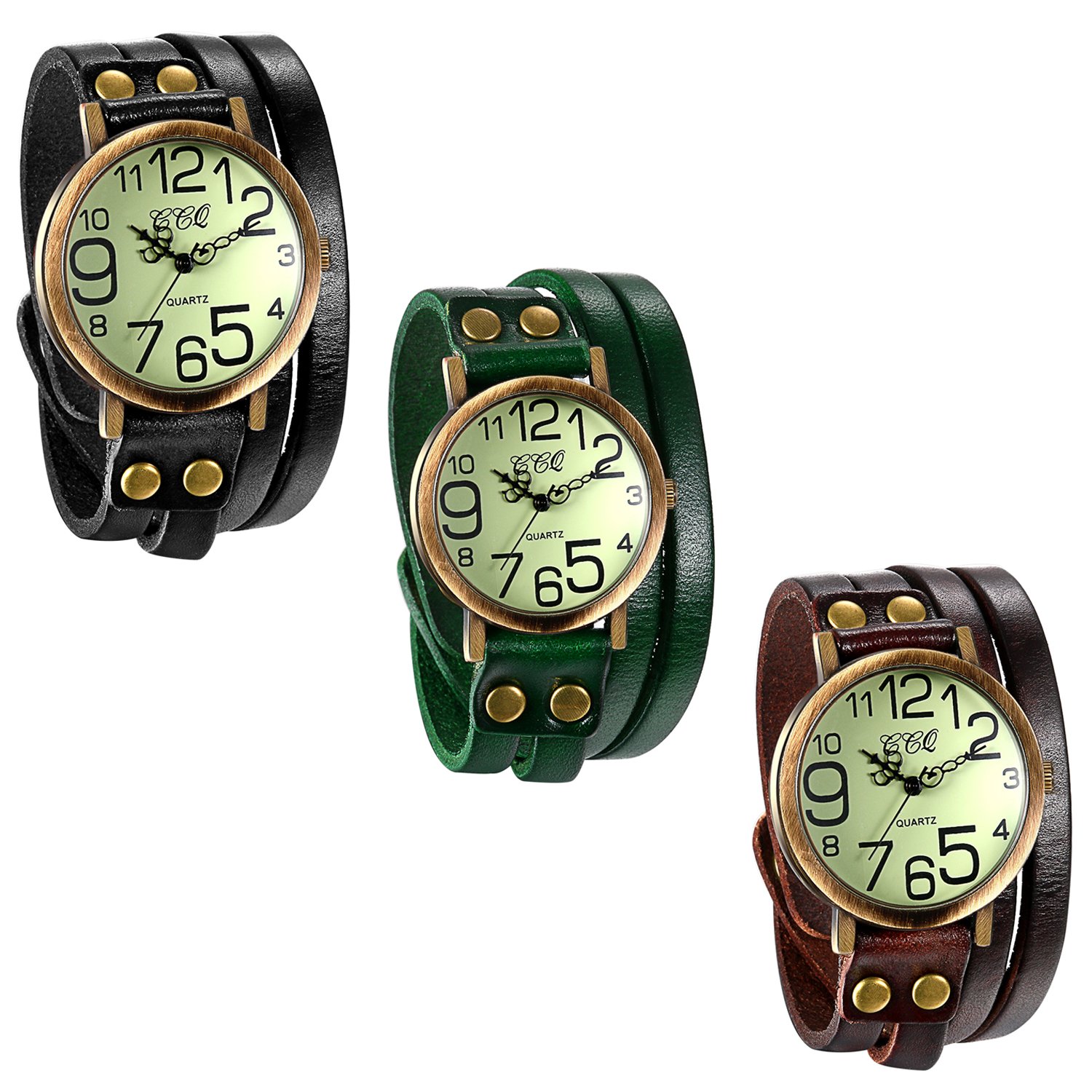 JewelryWe Pack of 3 Wholesale Charming Vintage Wrap Leather Bracelet Wrist Watches for Women Ladies