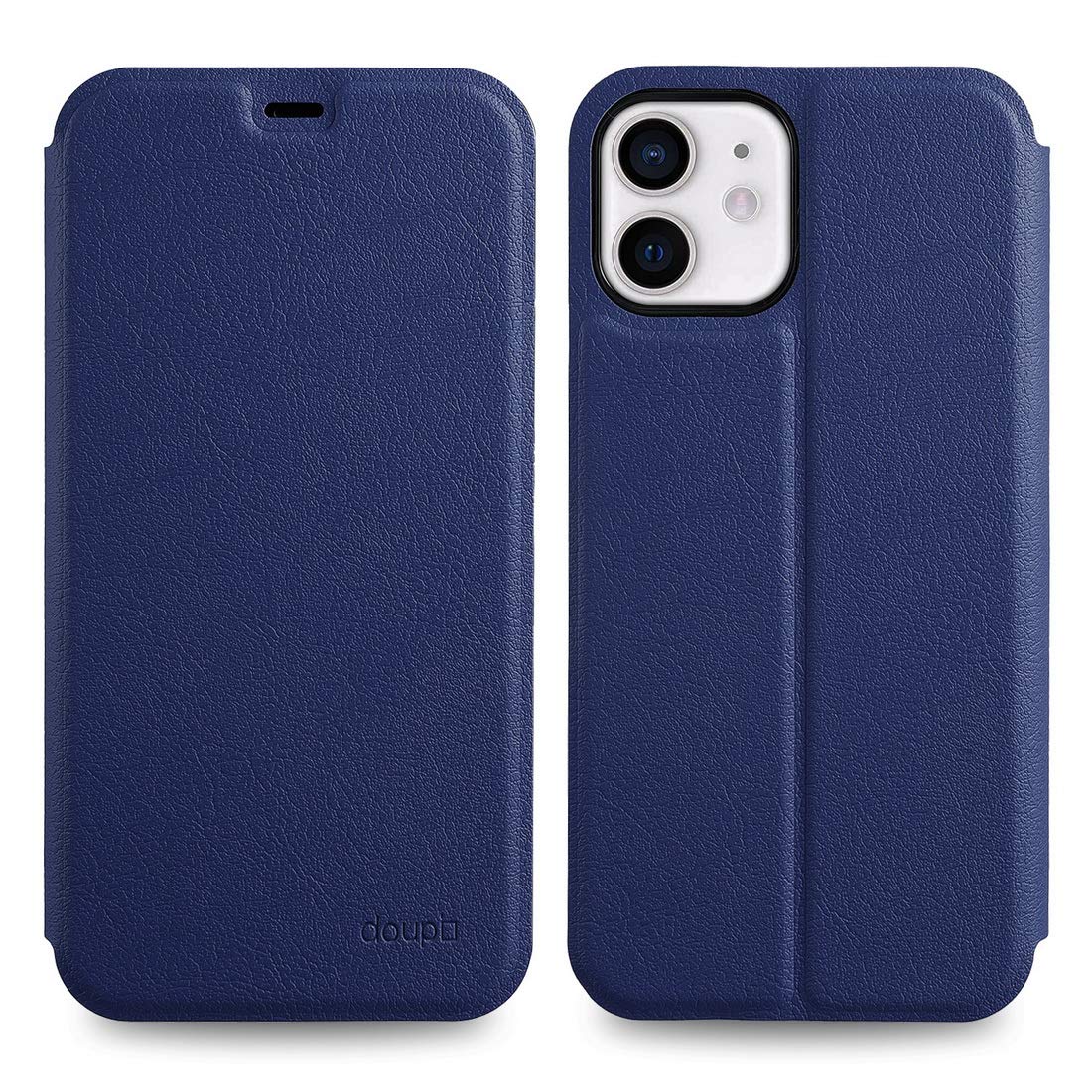 doupi FlipCase for iPhone 12 mini (5.4 inch) - Deluxe Leatherette Magnet Book Style Screen Protector Stand Protective Flip Cover, dark blue