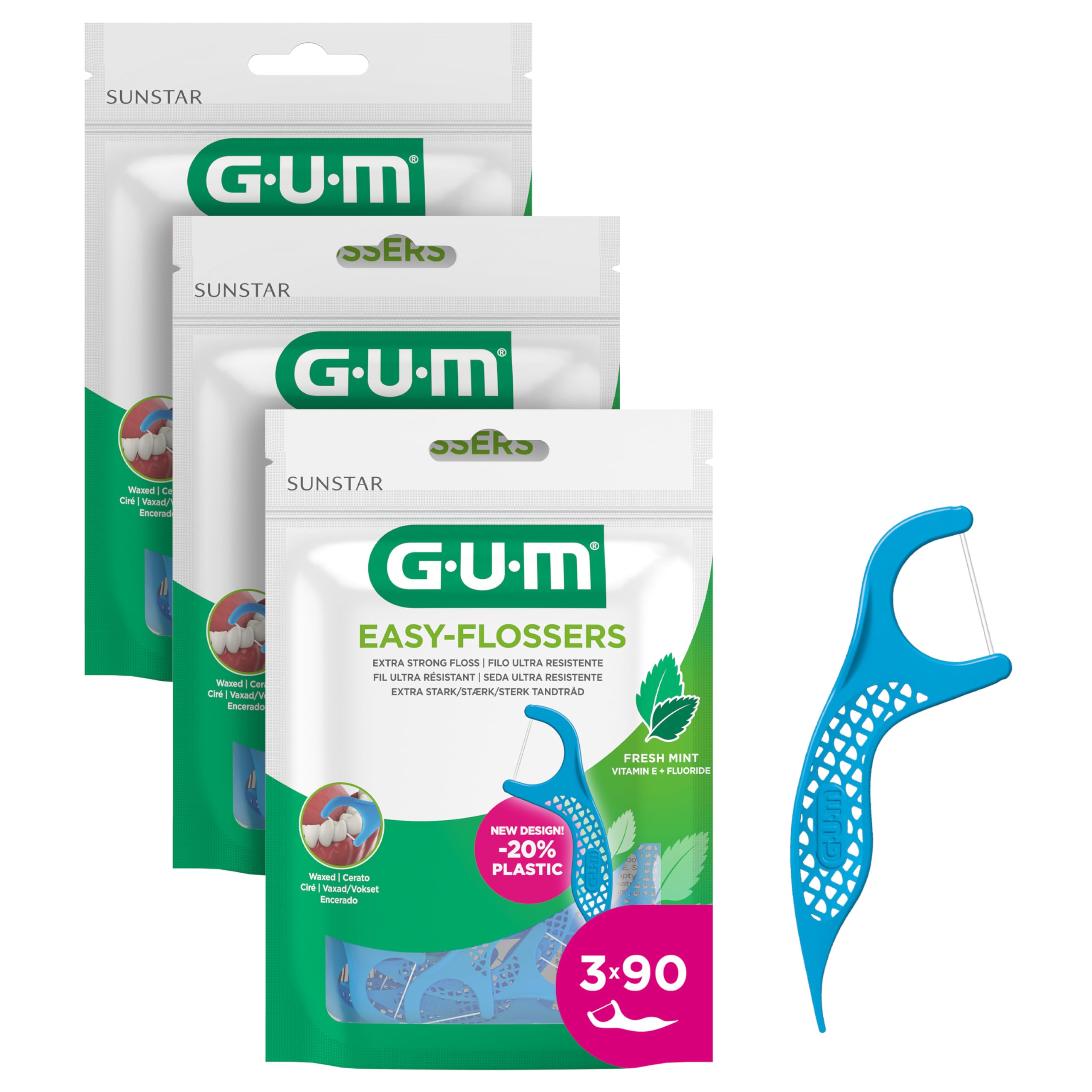 GUM Easy-FLOSSERS | Flossers | Remove Food Residue and Plaque Between Teeth | Fluoride and Vitamin E Coating | 3X 90 Sticks