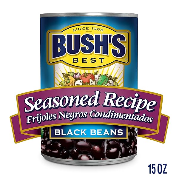BUSH’S CANNED SEASONED RECIPE BLACK BEANS (PACK OF 1), GOOD SOURCE OF PLANT-BASED PROTEIN, GOOD SOURCE OF FIBER, FAT FREE, GLUTEN FREE, 15 OZ
