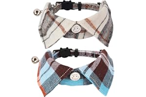 ADOGGYGO Cat Collar Breakaway with Bowtie Bell, Removable Shirt Collar, 2 Pack Beige Blue Plaid Collars for Cat Kitten