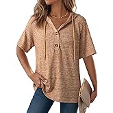 Dokotoo Womens Summer Tops 2026 Short Sleeve Button V Neck Waffle Knit Lightweight Drawstring Hoodies Casual Blouses Shirts