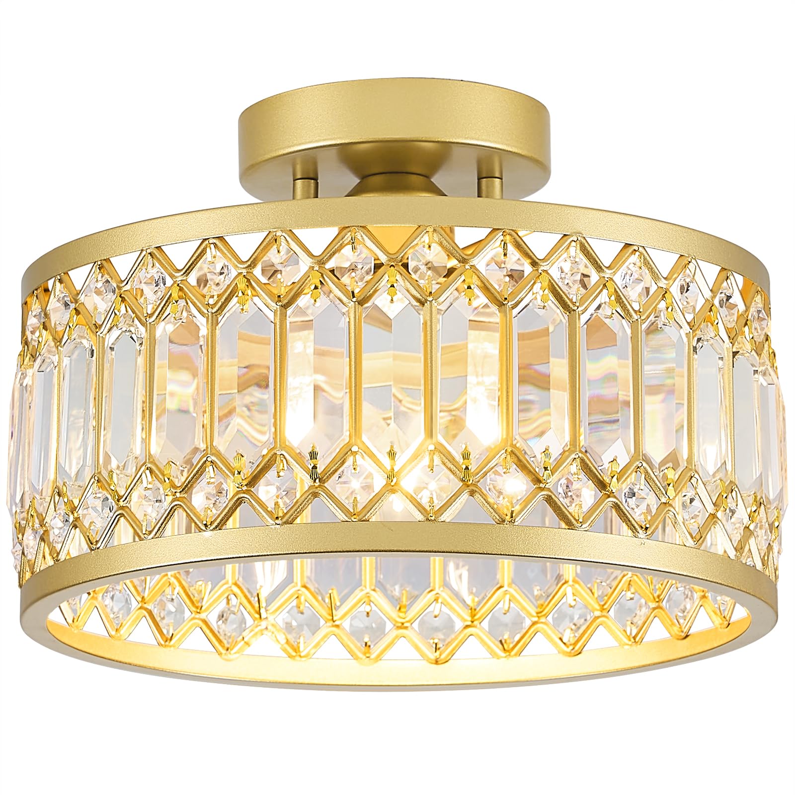 Semi Flush Mount Ceiling Light - Vintage Brass Gold Prismatic Globe Fixture For Hallway, Bedroom & Kitchen