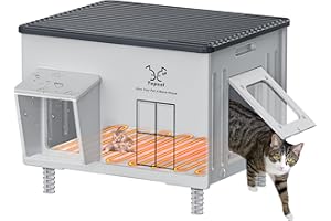 MYODAL Large Indestructible Heated Cat House for Outside - Extremely Waterproof & Weatherproof Heated Outdoor Cat House with Escape Door for Winter, Insulated Feral Cat Shelter for Barns Strays 22x17x17.5 in