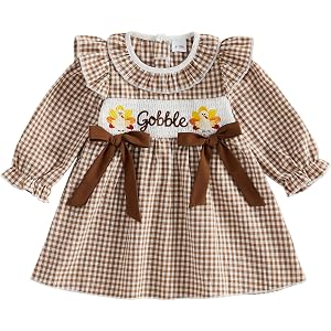 Bonangber Toddler Baby Girl Thanksgiving Outfit Long Sleeve Plaid A-line Dress Football Outfit Cute Girls Halloween Dress