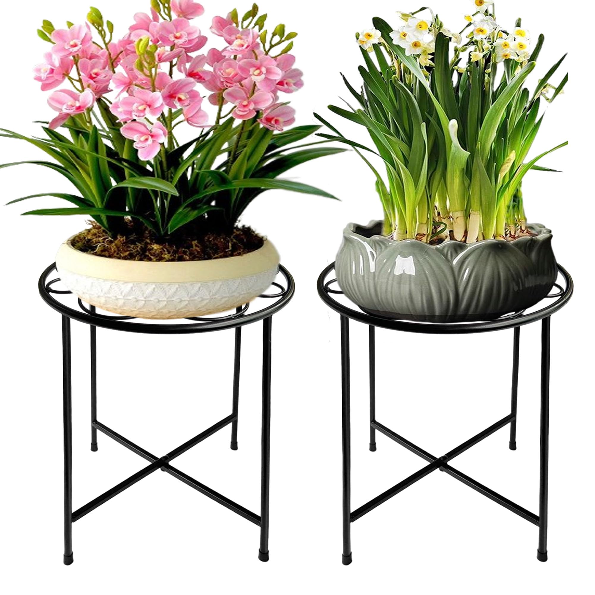 ZEECER Plant Stand Outdoor, 15'' Tall Plant Stand Indoor, Retro Design Round Rust-proof Coated Metal Pot Flower Stands for Indoor Plants Patio Garden Home Decor Black 2 Pack