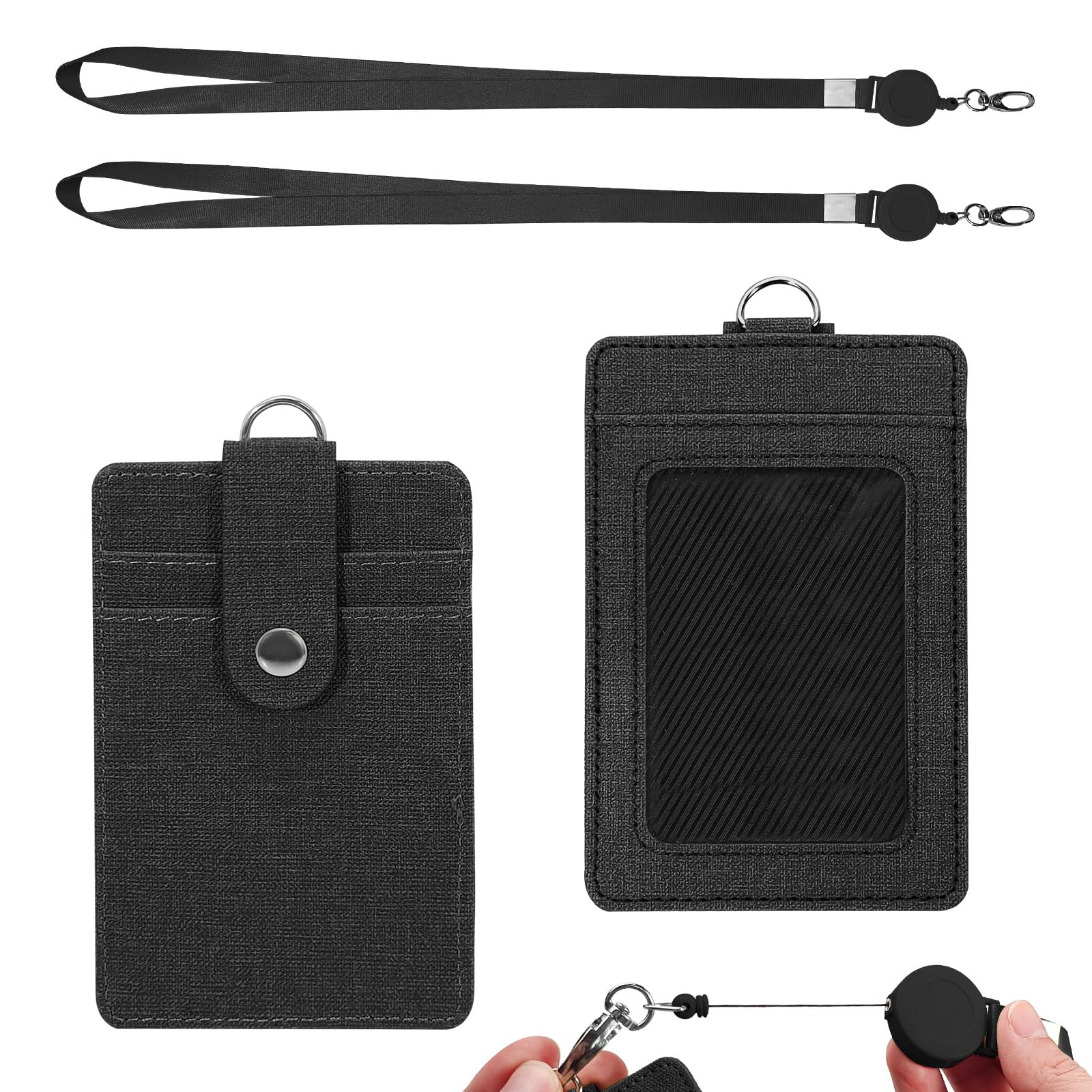 LELE LIFE 2PCS ID Badge Holder with Retractable Lanyard, 3 Slots Leather Vertical ID Card Holder, Easy Swipe ID Holder for Work, Keycard, Access Card, Name Badge Protector (Black)
