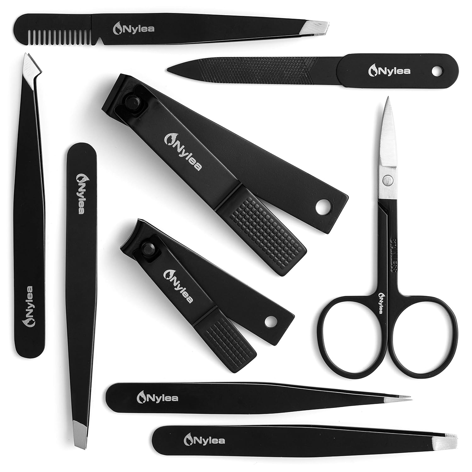 Nylea 9pcs Precision Tweezers with Nail Clippers Set - Stainless Steel Slant Pedicure Scissors for Toe Nail, Eyelashes Eyebrows Extensions, Ingrown Hair - Acrylic Thick Fingernails for Men & Women : Beauty
