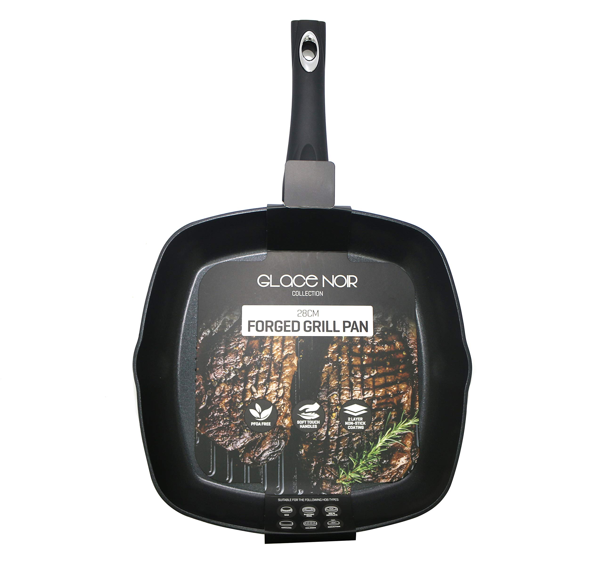 Daewoo CKW2277 Glace Noir 28cm Forged Black Griddle Pan with Ceramic Non-Stick Coating, Suitable for Gas, Electric and Induction Cooking, Sturdy Soft Touch Handles, Aluminium