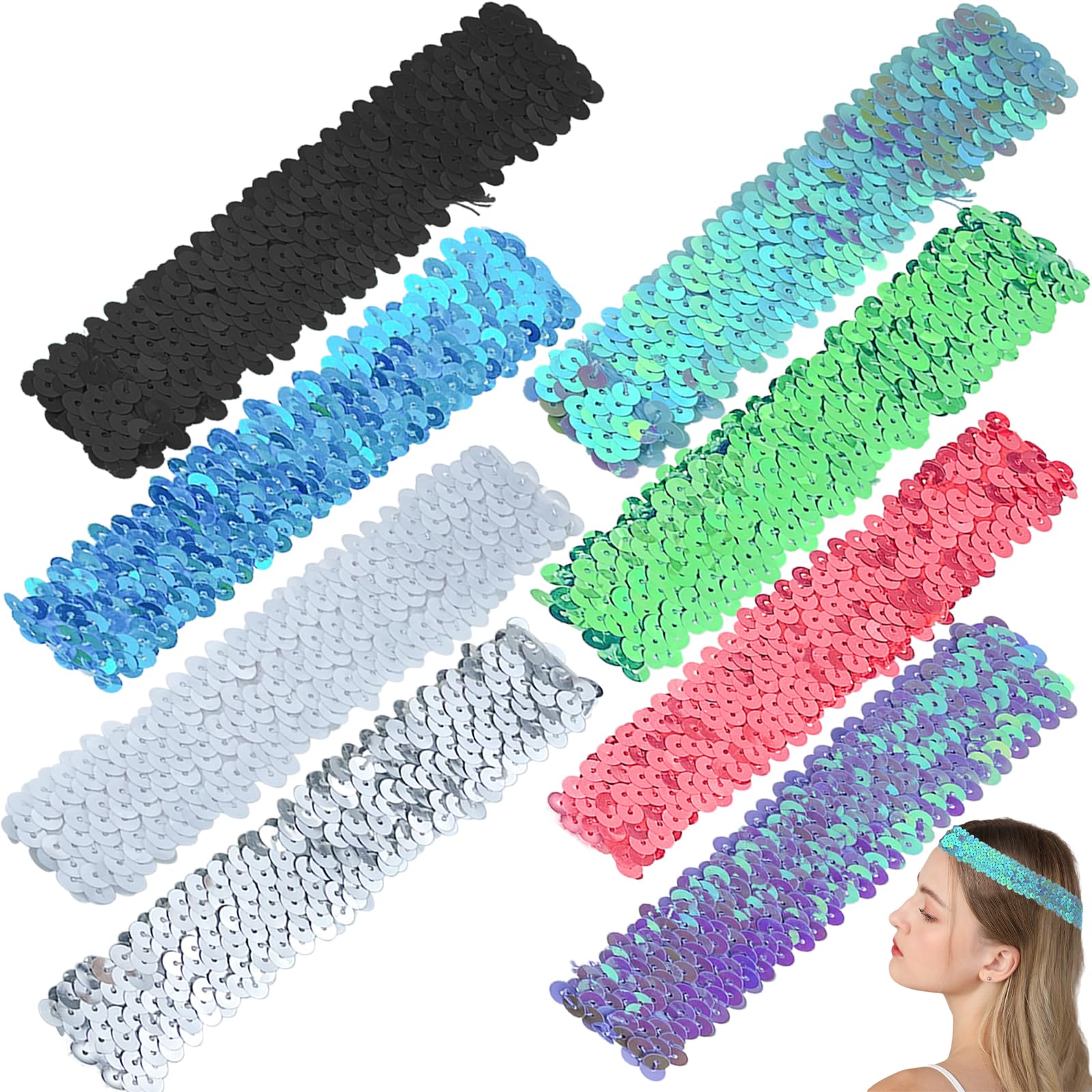 8 Pcs Sequin Headband Women Sports Headband Elastic Non Slip Headdress Shiny Style Accessories for Girls Women