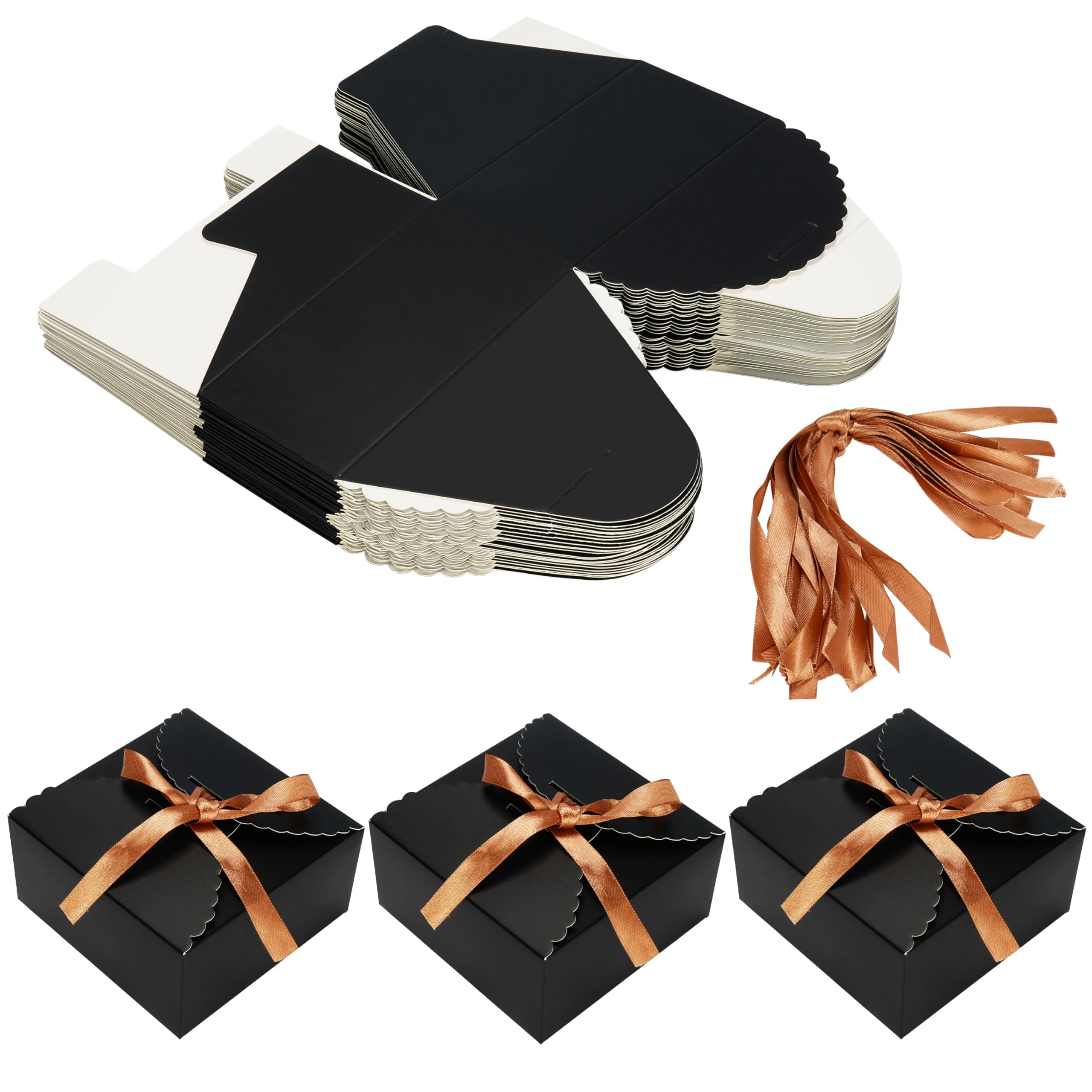Belle Vous 50 Pack Black Scalloped Kraft Paper Square Gift Boxes with Gold Ribbon - 12 x 12 x 6cm (4.72 x 4.72 x 2.36 inches) - Small Boxes for DIY Wedding and Party Gifts, Favours & Candy