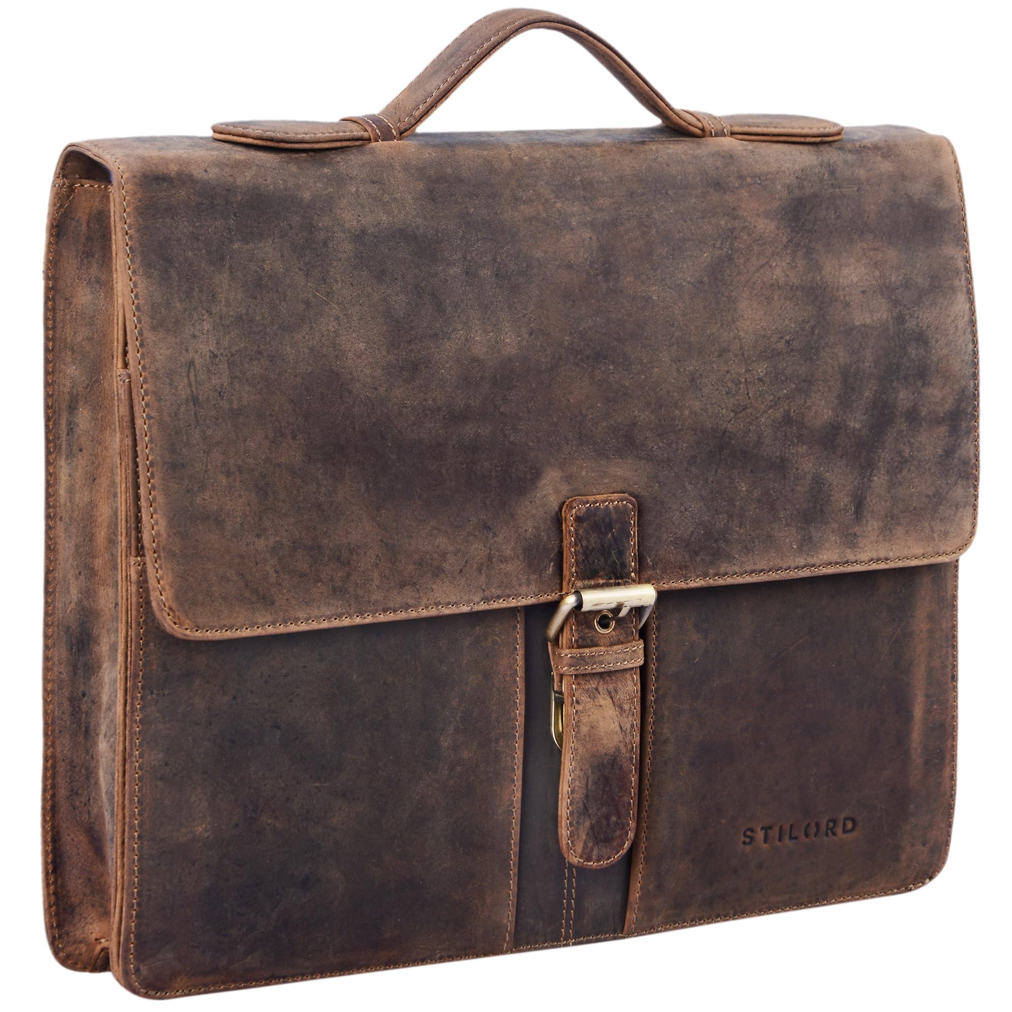 STILORD "Aurelio" Conference Folder Leather with Handle A4 Portfolio Document Folder Sophisticated Vintage Design fit for 13,3 MacBooks Colour:Middle Brown