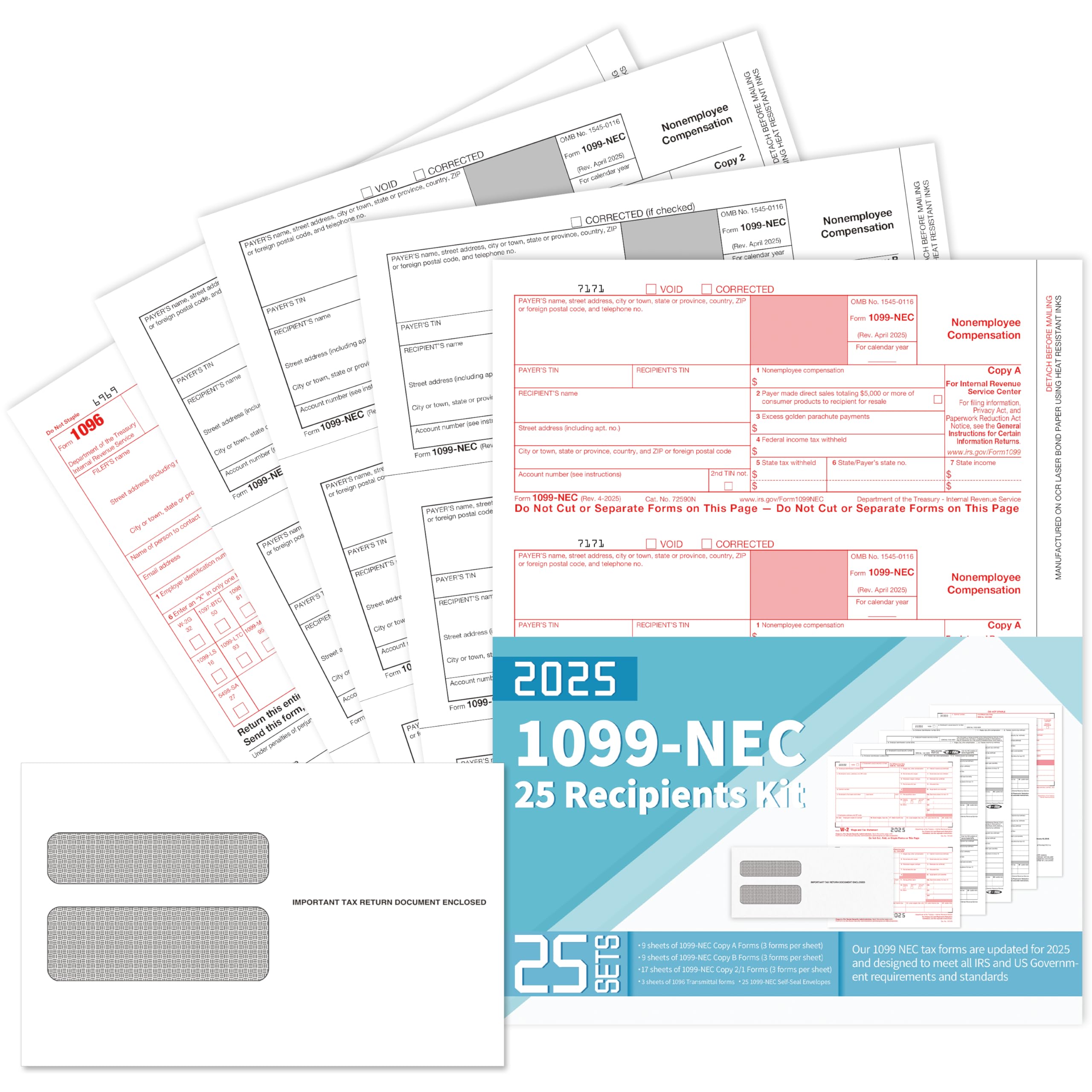 Photo 1 of 1099 NEC Forms 2025 with Envelopes, 25 Recipients 2025 1099 NEC Tax Forms, 4 Part Kit, Compatible with Accounting, 25 Self Seal Envelopes, Includes 3 1096 Forms