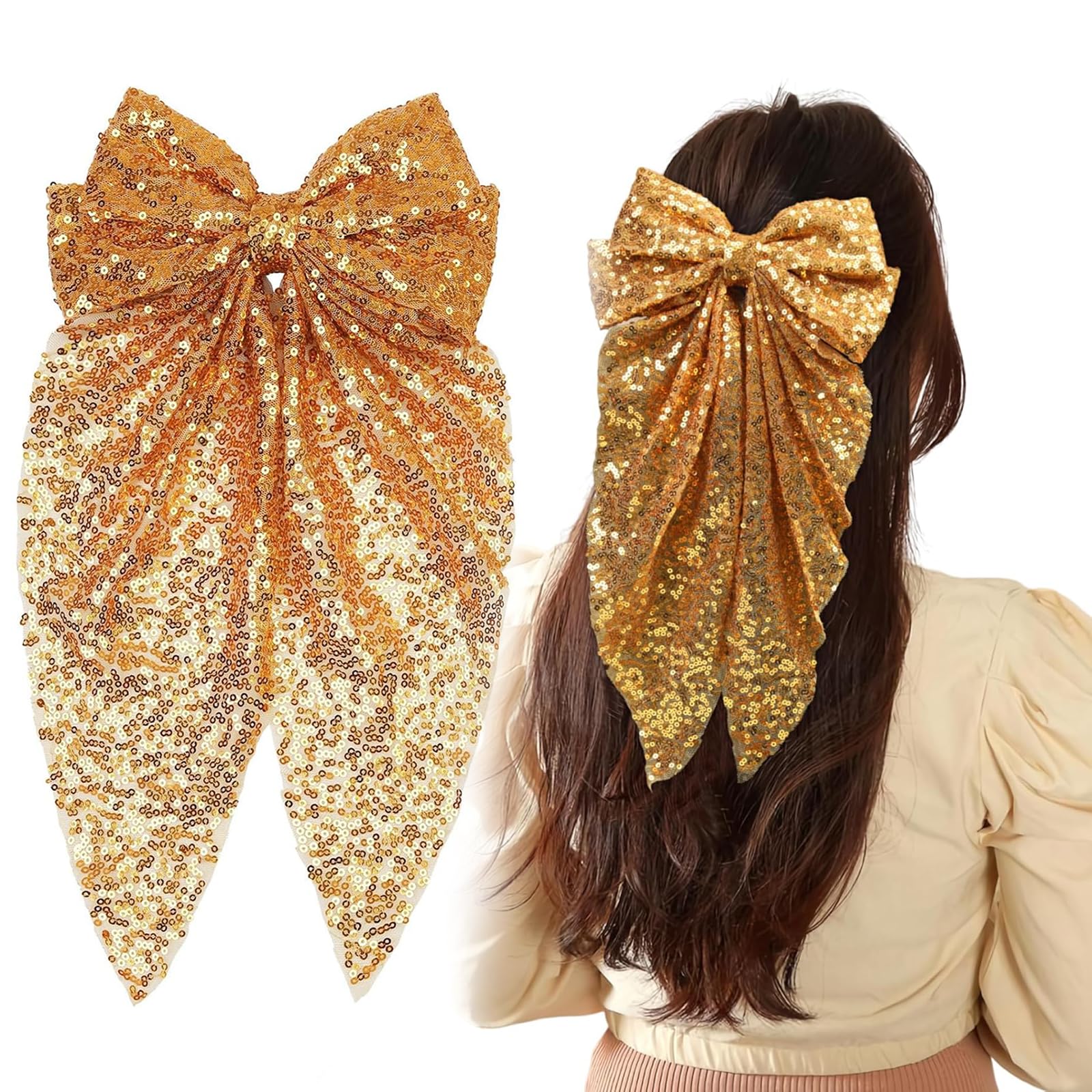Sequin Hair Bow Clips With Double Layered Design and Sparkling Sequins - 90's Accessories for Women, Girls Party, Valentine's Day (Gold)