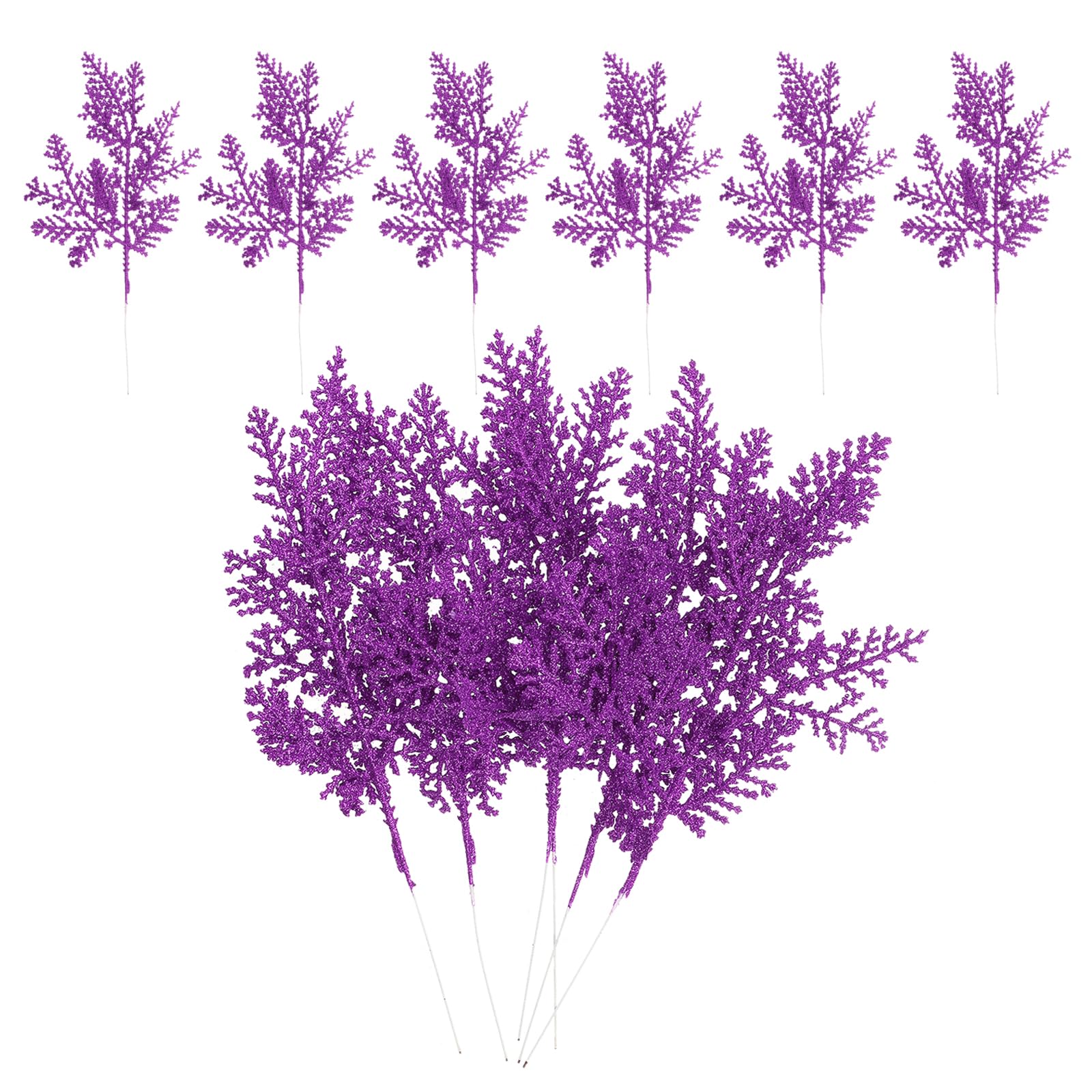 PATIKIL 10 Inch Artificial Pine Needles, 24 Pcs Glitter Pine Stems Christmas Branches Fake Floral Twig Leaves Faux Cedar Picks Sprays for Tree Bouquet Wedding Wreath Greenery Decor, Purple