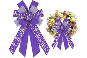 ALIBBON Large He is Risen Bows for Wreaths, Easter Wreath Bows, Purple Bows for Front Door, Easter Christmas Decor, Religeous Cross Burlap Bows for Spring Wreath Indoor Outdoor Decoration