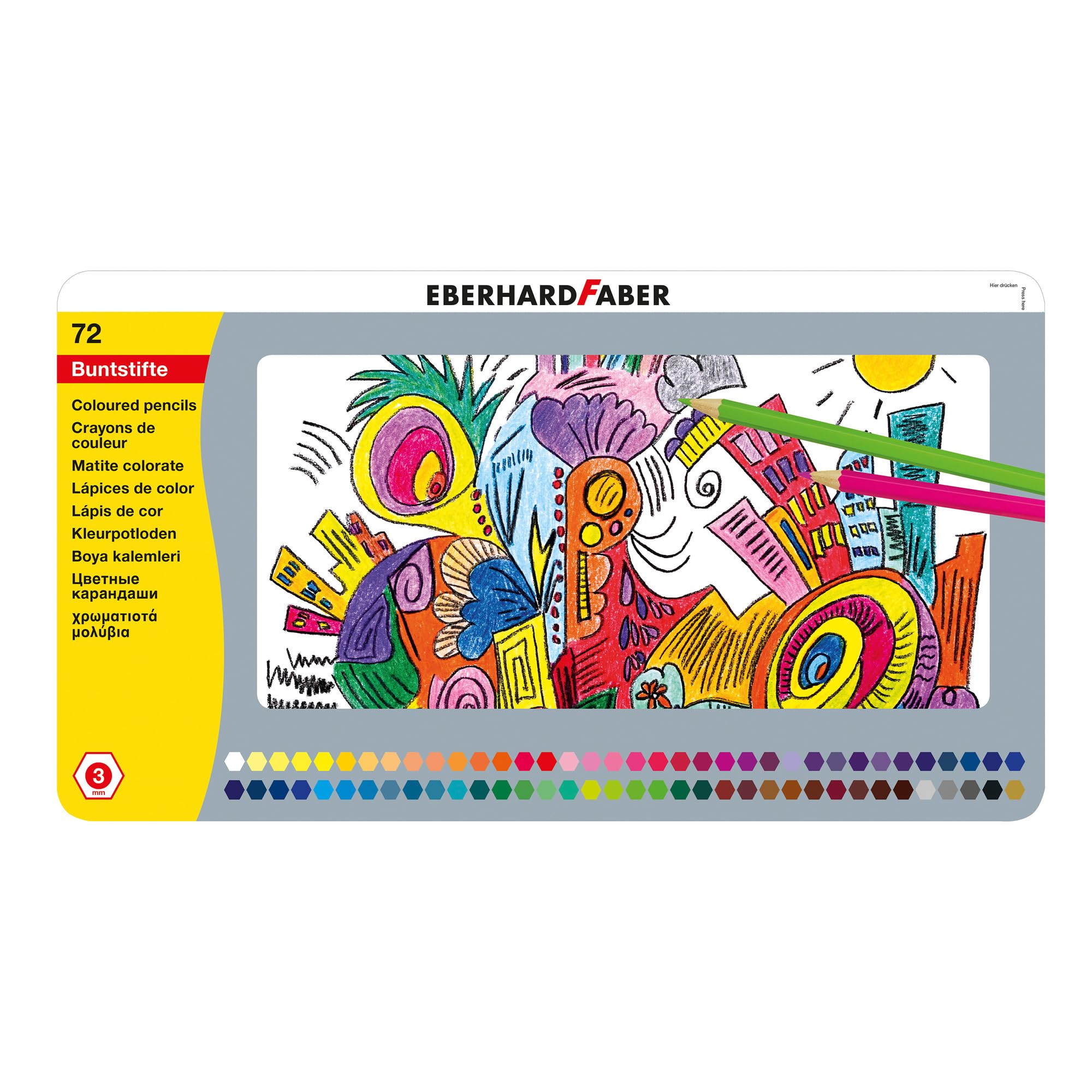 Eberhard Faber 514872 Colouring Pencils in 72 Colours, Hexagonal Shape, in Metal Case, for Painting, Illustrating and Drawing
