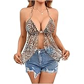 BEAUDRM Women's Y2K Cheetah Halter Top Leopard Sleeveless Open Back Going Out Cami Tops