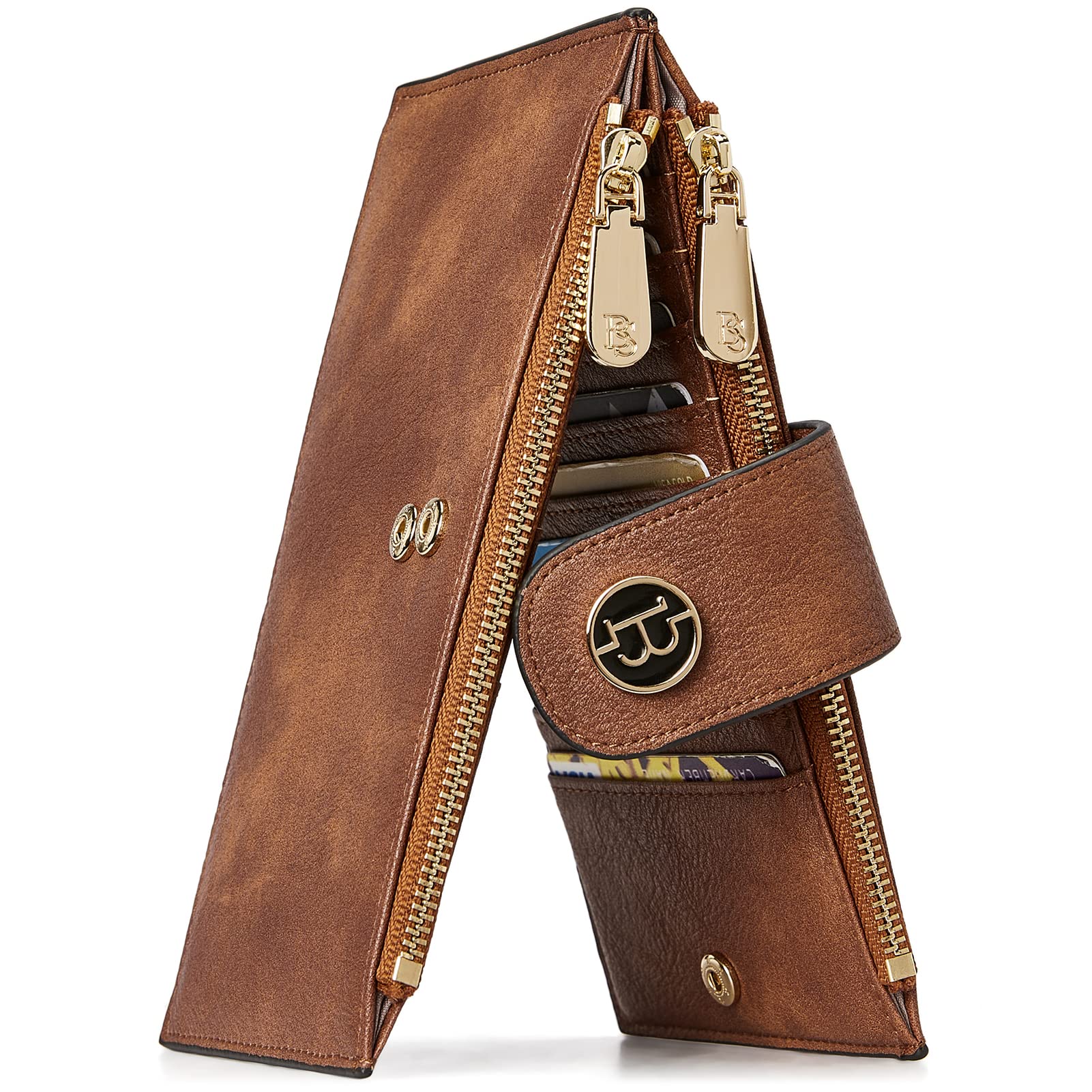 Photo 1 of BOSTANTEN Leather Wallets for Women Large RFID Blocking Slim Bifold Purse Card Holder with Zipper Pocket Vegan Brown