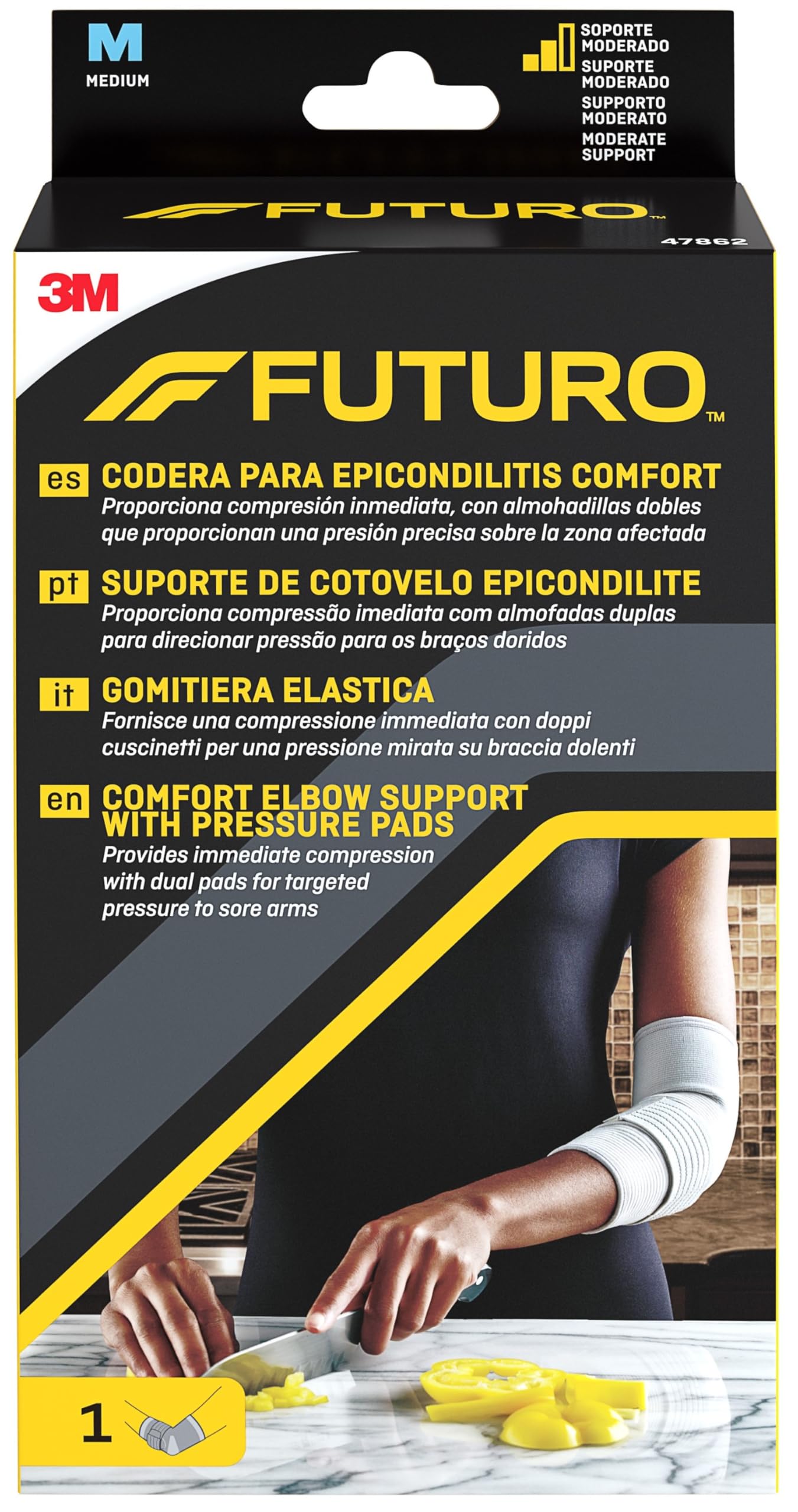 FUTURO Comfort Elbow Support with Pressure Pads, Medium (25.4-27.9 cm) – Provides Immediate Compression, with Dual Pads for Targeted Pressure to Sore Elbows, Adjustable Strap, Breathable