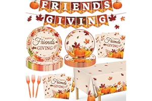 REDWORD Friendsgiving Plates, 98Pcs Friendsgiving Paper Plates-Serve 24 with Friends Giving Banner Fall Pumpkin Tablecloth Napkins for Fall Thanksgiving Friends giving Party Decorations