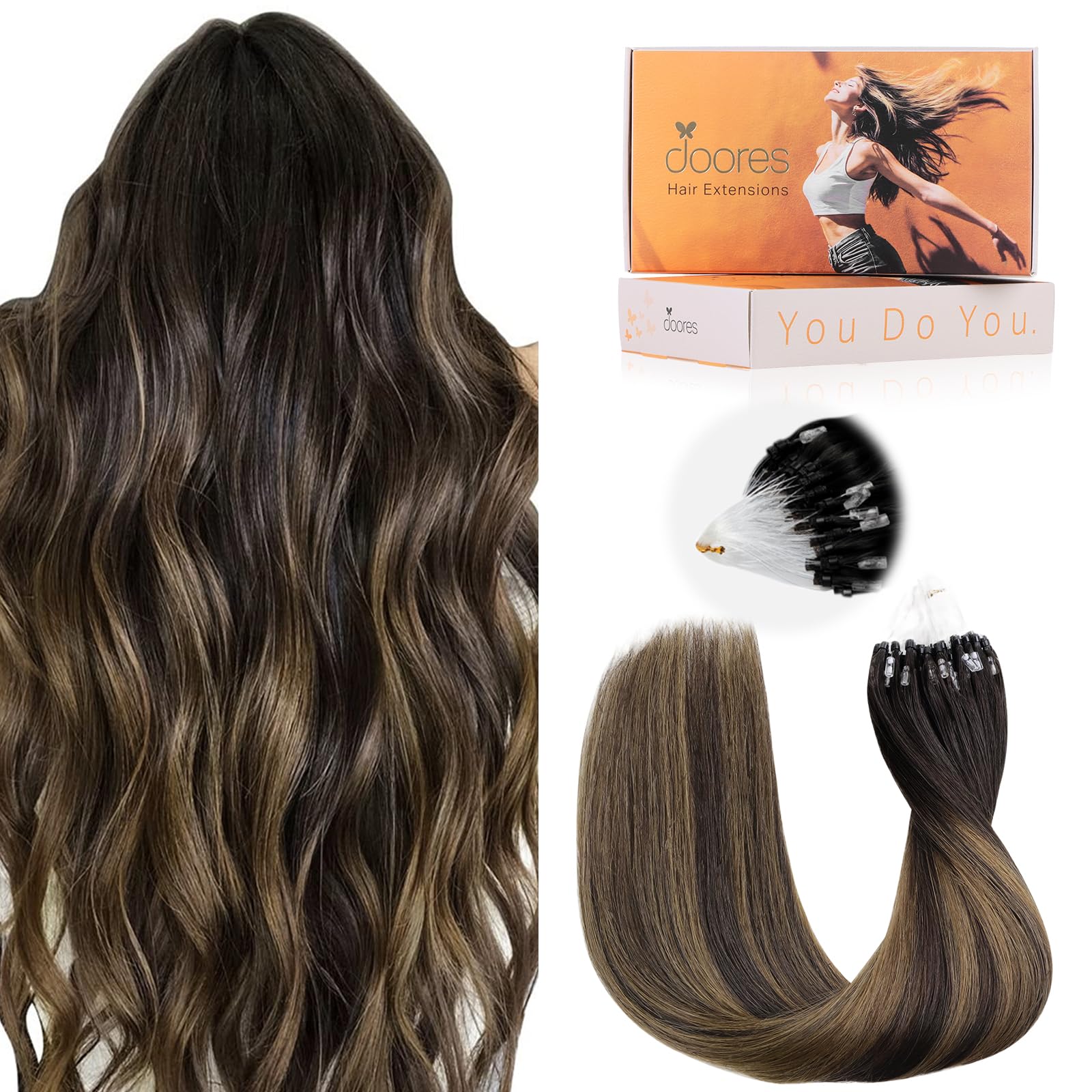 DOORES Micro Ring Hair Extensions, Dark Brown to Chestnut Brown 20 Inch 50g 50s, Cold Fusion Micro Hair Extensions Real Human Hair Invisible — image 1