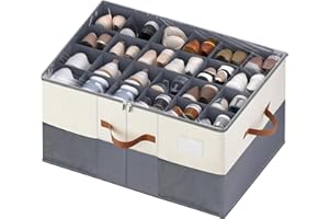 MSTONAL Shoe Organizer for Closet, 1 Pack Shoe Storage Container with Adjustable Dividers, Space Saving Shoe Box Storage Organizer Bin with Clear Lid and 4 Handles, Fits 12-24 Pairs, Beige & Grey