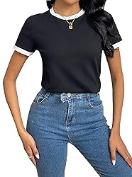 Remidoo Womens Crew Neck Tops Contrast Binding