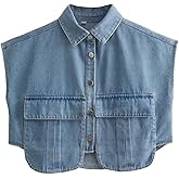 Fexmy Womens Denim Cropped Button Down Shirt Collared Sleeveless Summer Loose Jean Crop Top with Pockets