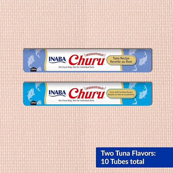 INABA CHURU CAT TREATS, GRAIN-FREE, LICKABLE, SQUEEZABLE CREAMY PURÉE CAT TREAT/TOPPER WITH VITAMIN E & TAURINE, 0.5 OUNCES EACH TUBE, 10 TUBES TOTAL/TWO FLAVORS, TUNA VARIETY
