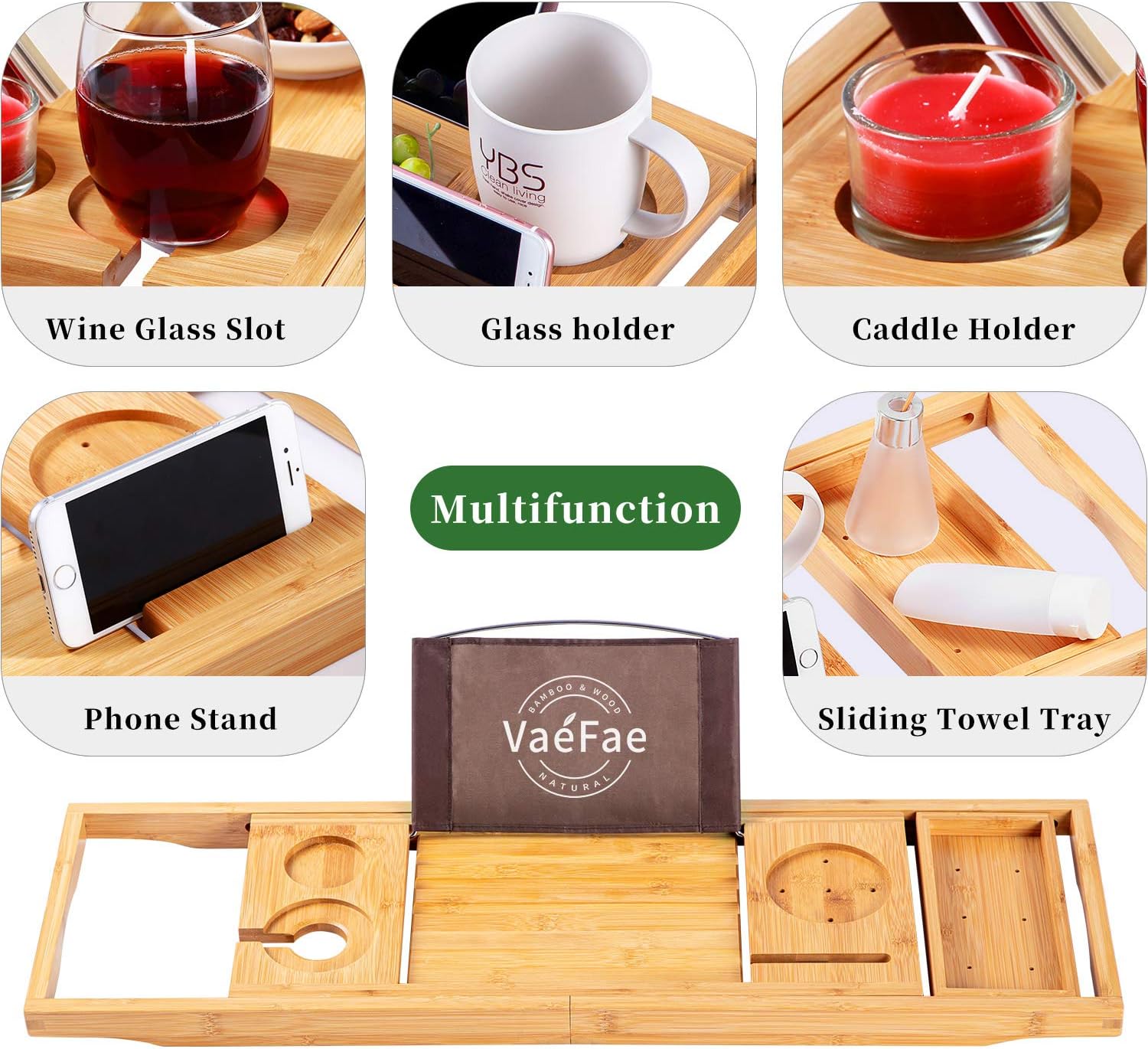 Bamboo Bathtub Caddy Tray, Expandable Bath Tray for Tub with Upgraded Wine Slots and Book Holder - Ideal for One or Two Person Use: Kitchen & Dining