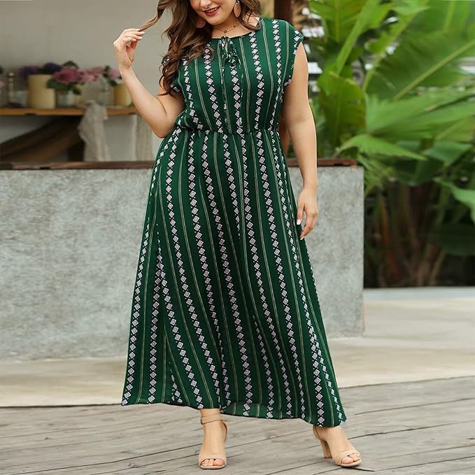 OUMOBOU Women's Long Dress Plus Size Solid Color O Neck Short Sleeve