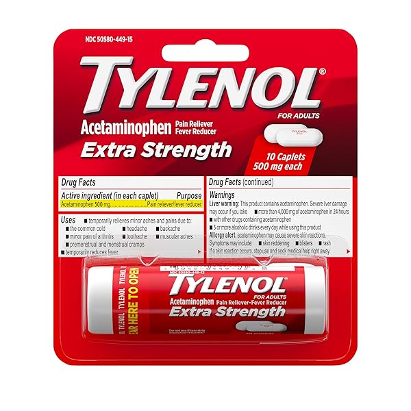 TYLENOL EXTRA STRENGTH 500 MG ACETAMINOPHEN CAPLETS, PAIN RELIEVER & FEVER REDUCER, ACETAMINOPHEN FOR MINOR ARTHRITIS PAIN, HEADACHE, BACKACHE & TOOTHACHE, TRAVEL SIZE,