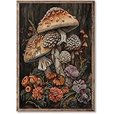 Vintage Mushroom Canvas Wall Art Retro Cottagecore Prints Vintage Gothic Poster Dark Academia Paintings Moody Prints Mushroom Canvas Art Retro Gothic Pictures Dark Floral Artwork 16x24inch No Frame