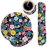 Mouse Pad Wrist Support and Keyboard Wrist Rest with Coaster,Non-Slip Rubber Base Ergonomic Gaming Mousepad for Home Office Working Studying Easy Typing & Pain Relief,Colorful Blooming Floral Flower