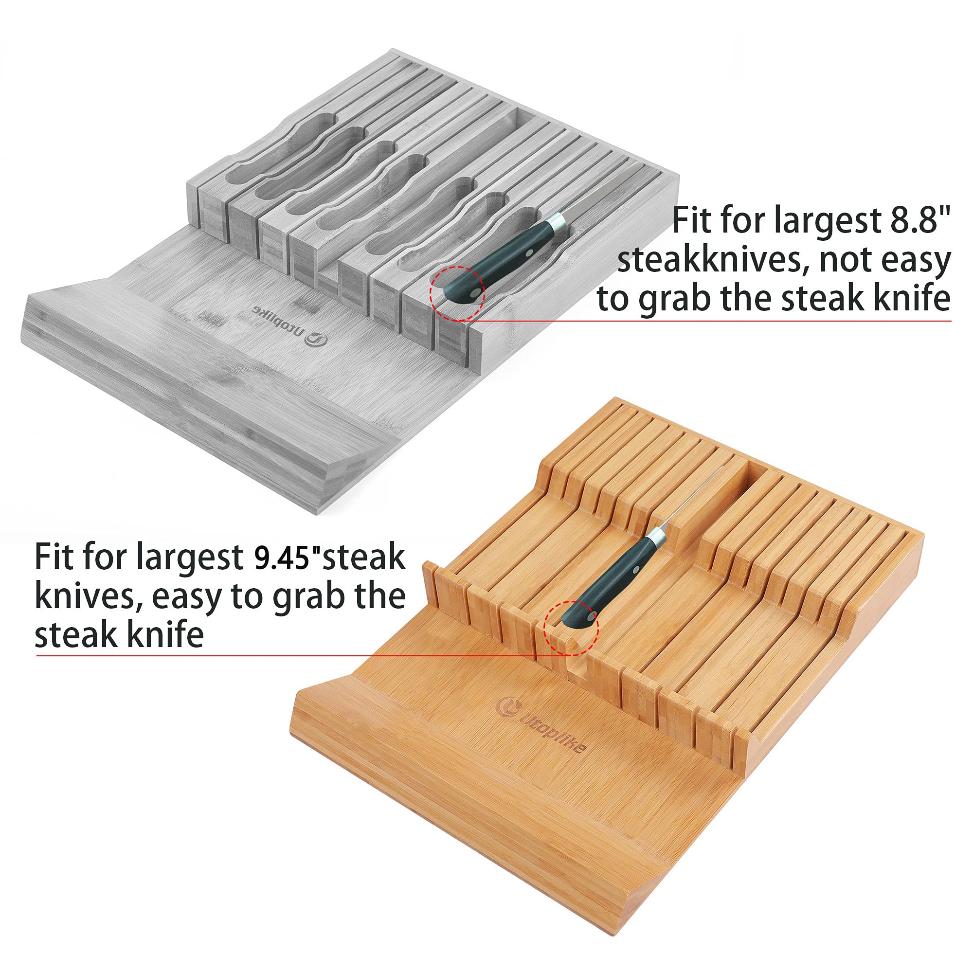 Utoplike In-drawer Knife Block Bamboo Kitchen Knife Drawer Organizer,Large handle Steak knife Holder without Knives, fit for 16 knives and 1 Sharpening Steel