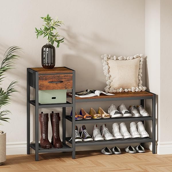 SNUGHOME 39.4″ SHOE STORAGE BENCH WITH DRAWER, 3 TIER ENTRYWAY BENCH WITH SHOE STORAGE, ADJUSTABLE SHELF SHOE RACK WITH SEATING FOR ENTRYWAY, FRONT DOOR, LIVING ROOM
