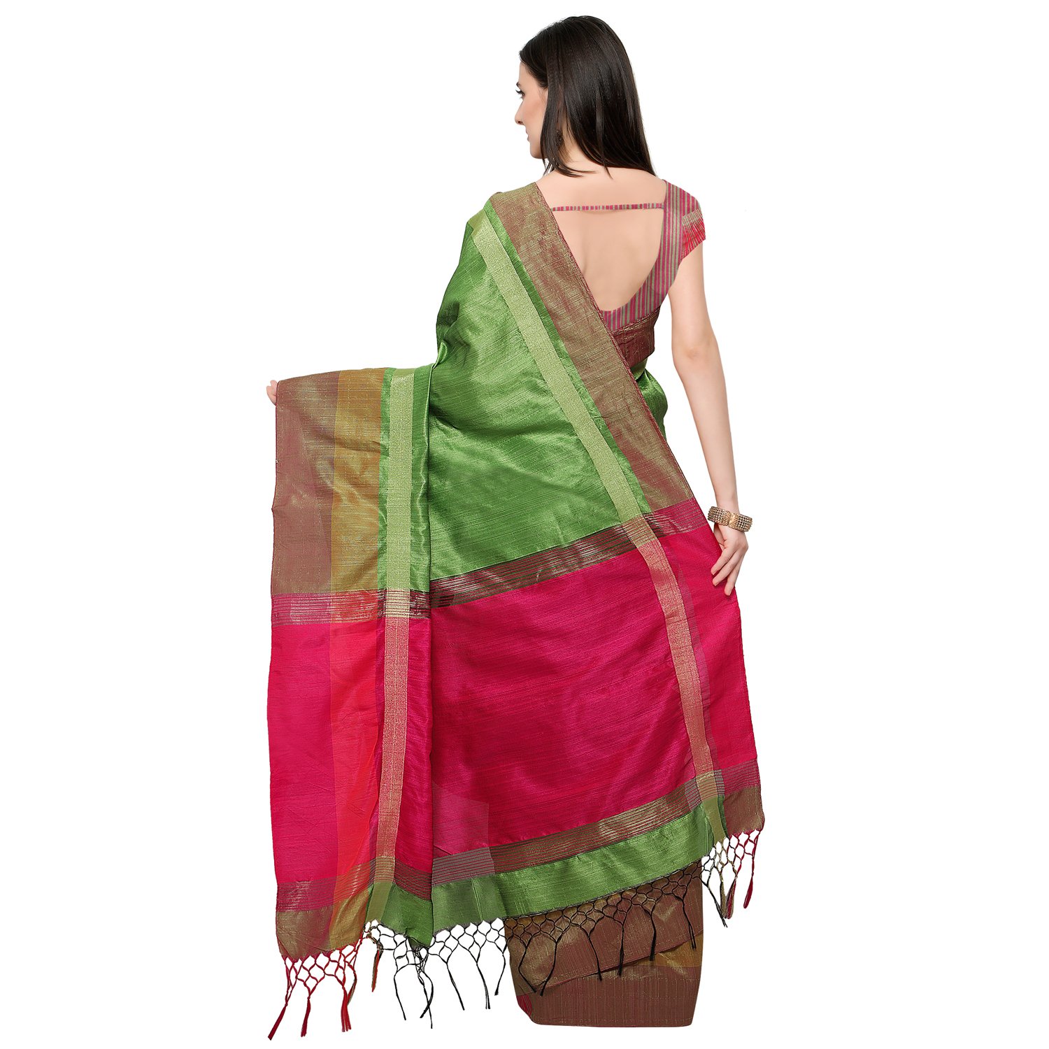 women's tassar silk traditional saree unstitched blouse design (bahubali p green_perrot green)