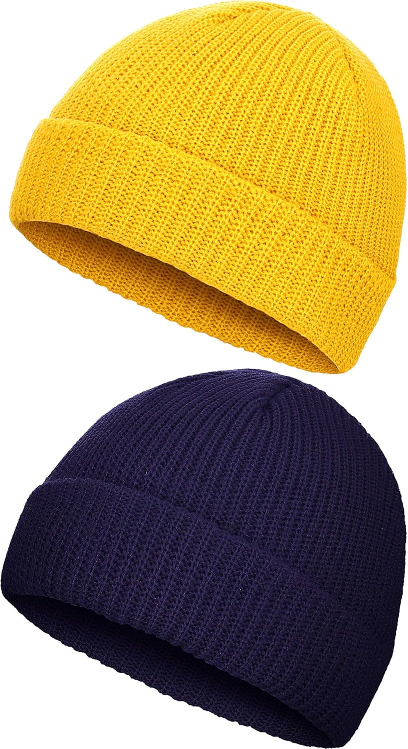 SATINIOR 2 Pieces Winter Trawler Beanie Hat Short Fisherman Skullcap Knit Cuff Beanie Cap for Men Daily Wearing (Black, Yellow) at  Men’s Clothing store