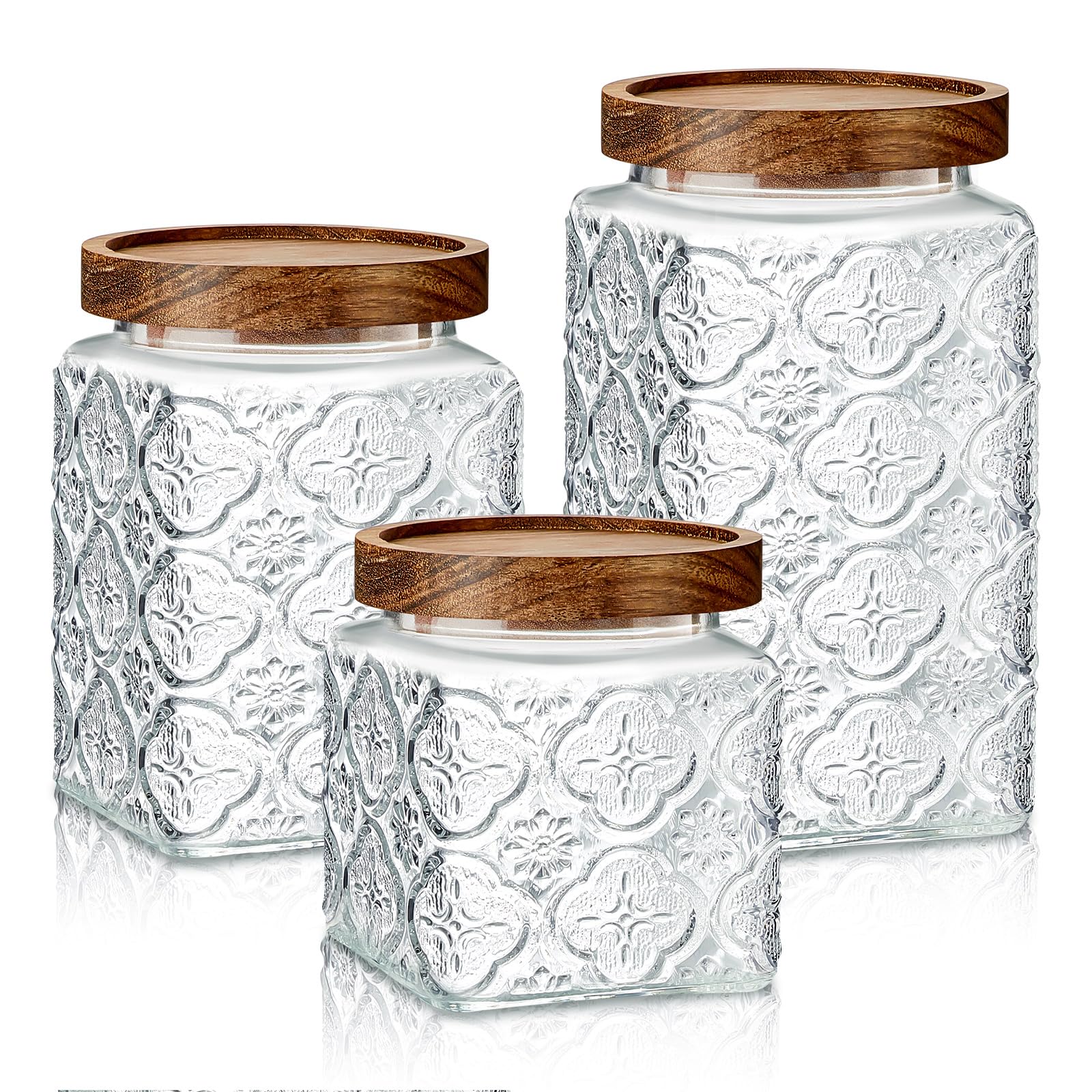 Photo 1 of Gerrii 3 Pcs Glass Food Storage Containers 17/24/34 oz Vintage Glass Jar with Lid Begonia Pattern Airtight Candy Food Jars Canisters for Kitchen Counter Pantry Coffee Tea Beans (Square)