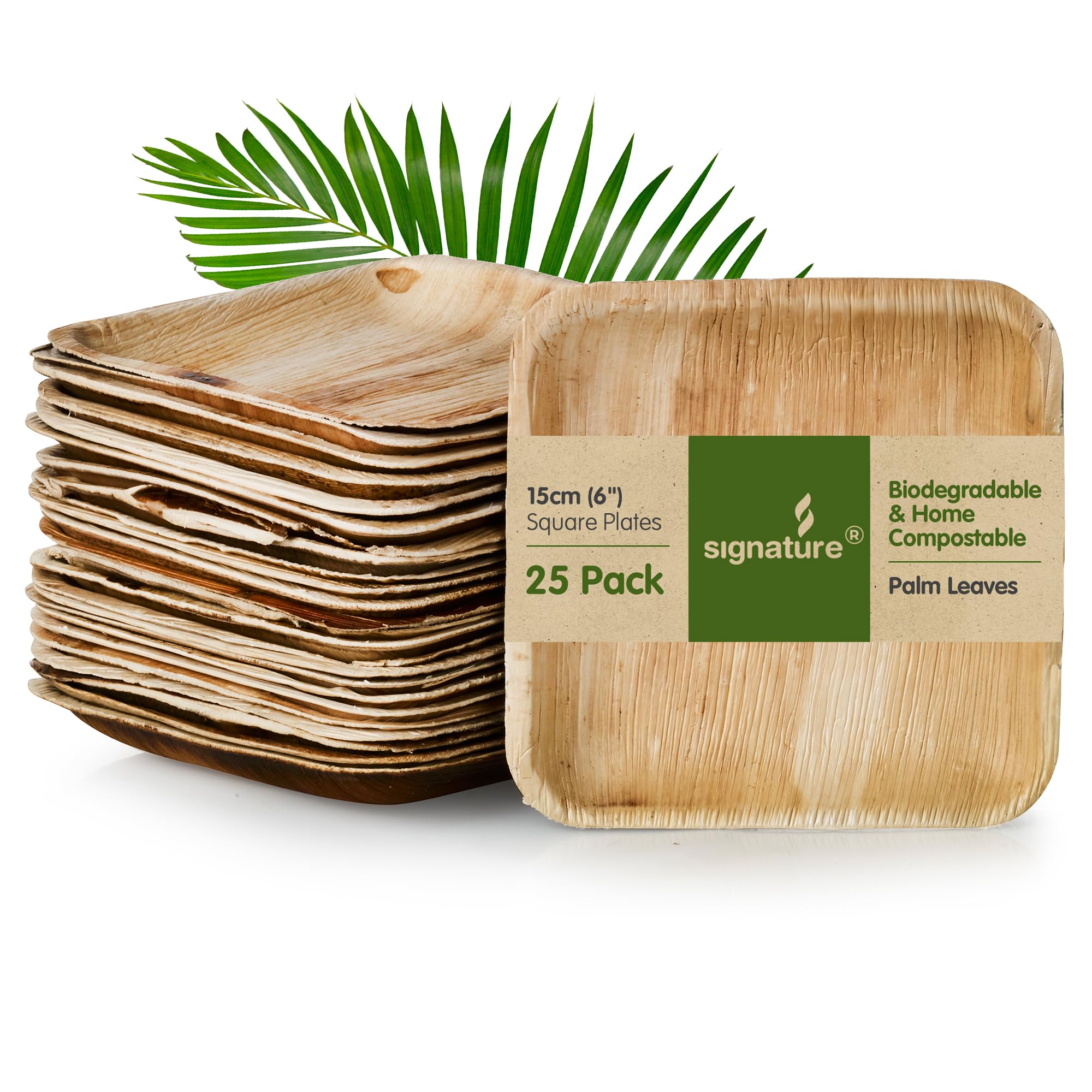 Signature Packaging Disposable Palm Leaf Plates, Sturdy Eco-Friendly Biodegradable Compostable Plates for Hot Food, Weddings, Picnics, Parties and Outdoor Events - 6", (25 Pack) Square